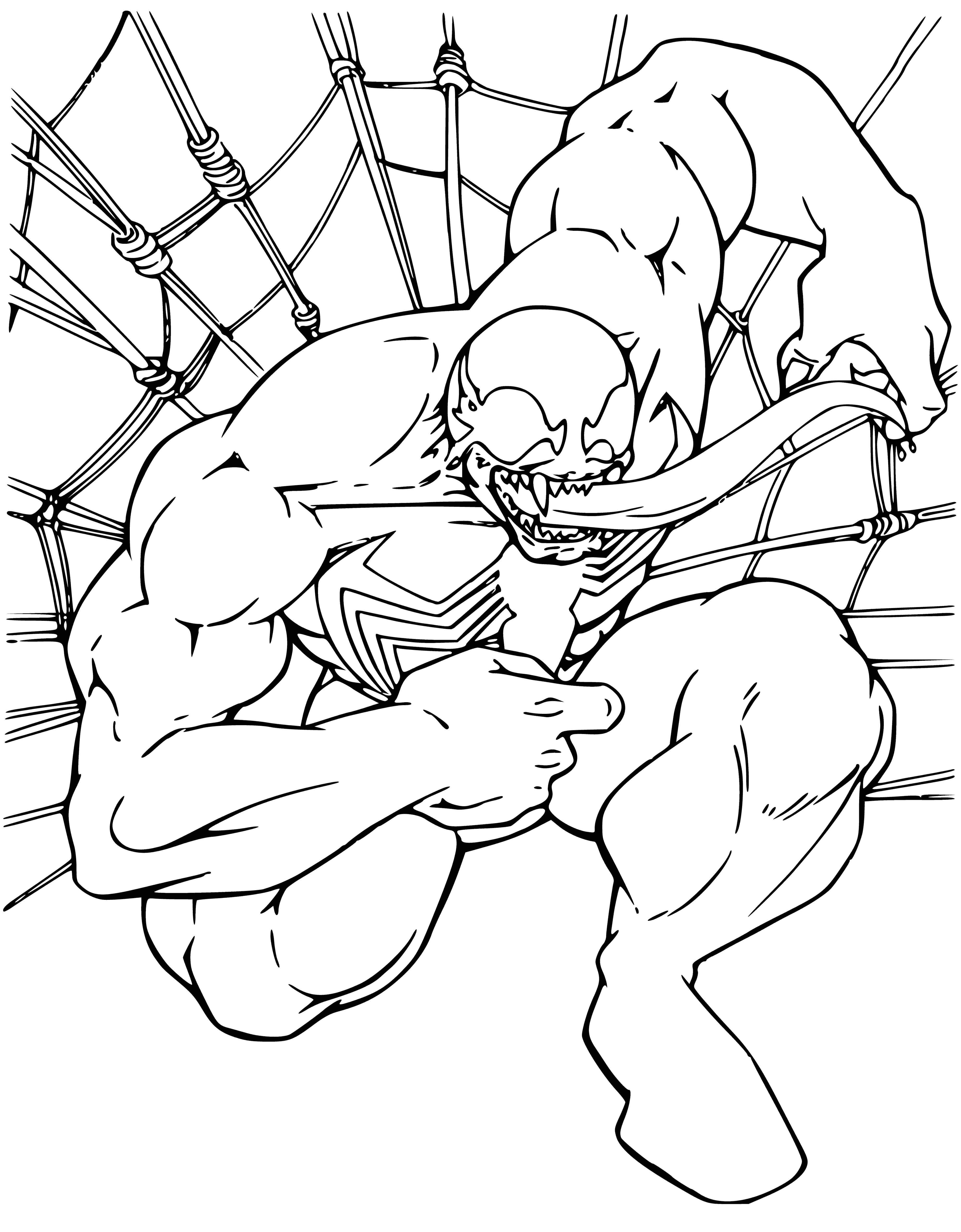 coloring page: Eight spiders crawl on a human skull against a black background in this coloring page.