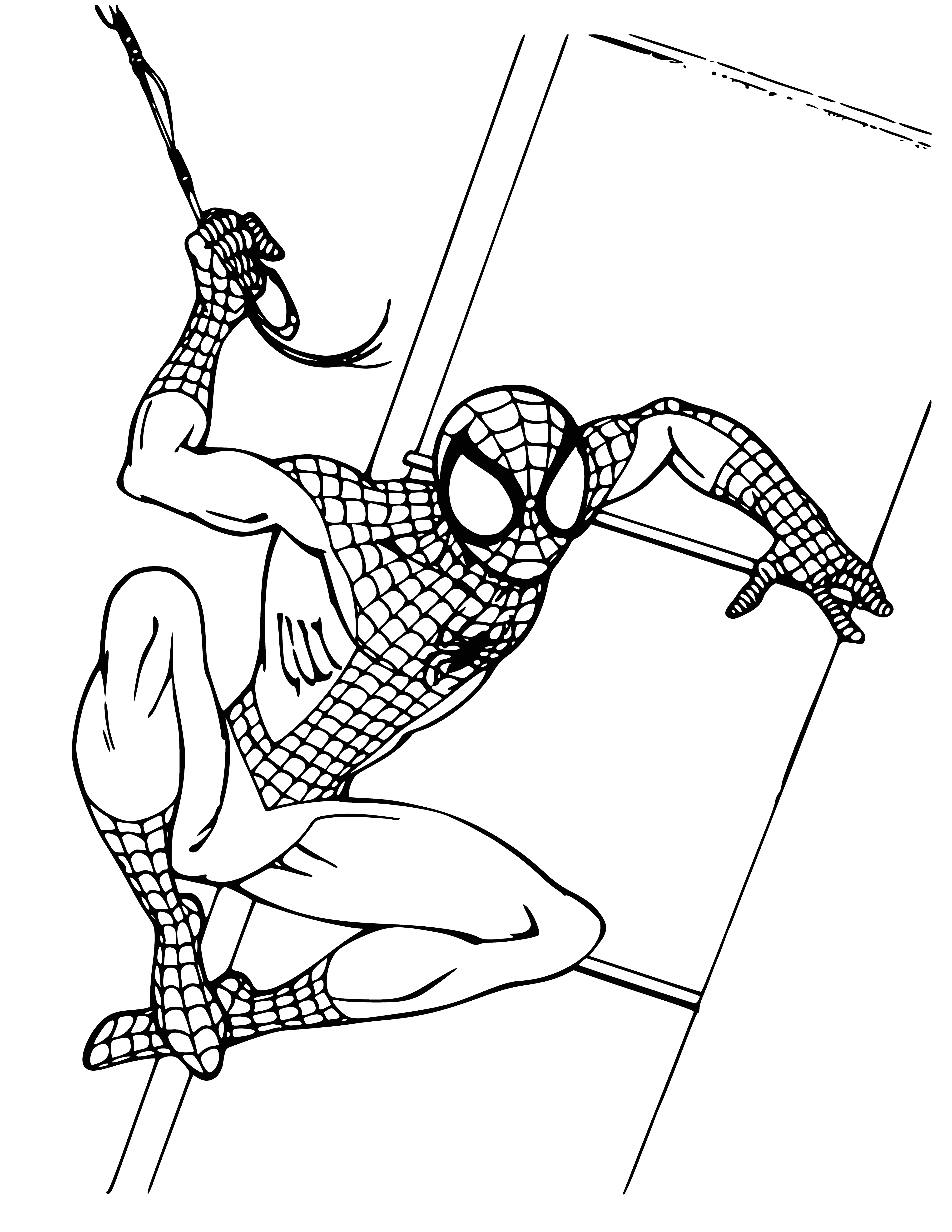 coloring page: Man in spider suit hangs from building, gripping edge with hands & feet. Red & blue suit, red mask, white eyes, spider symbol on chest.