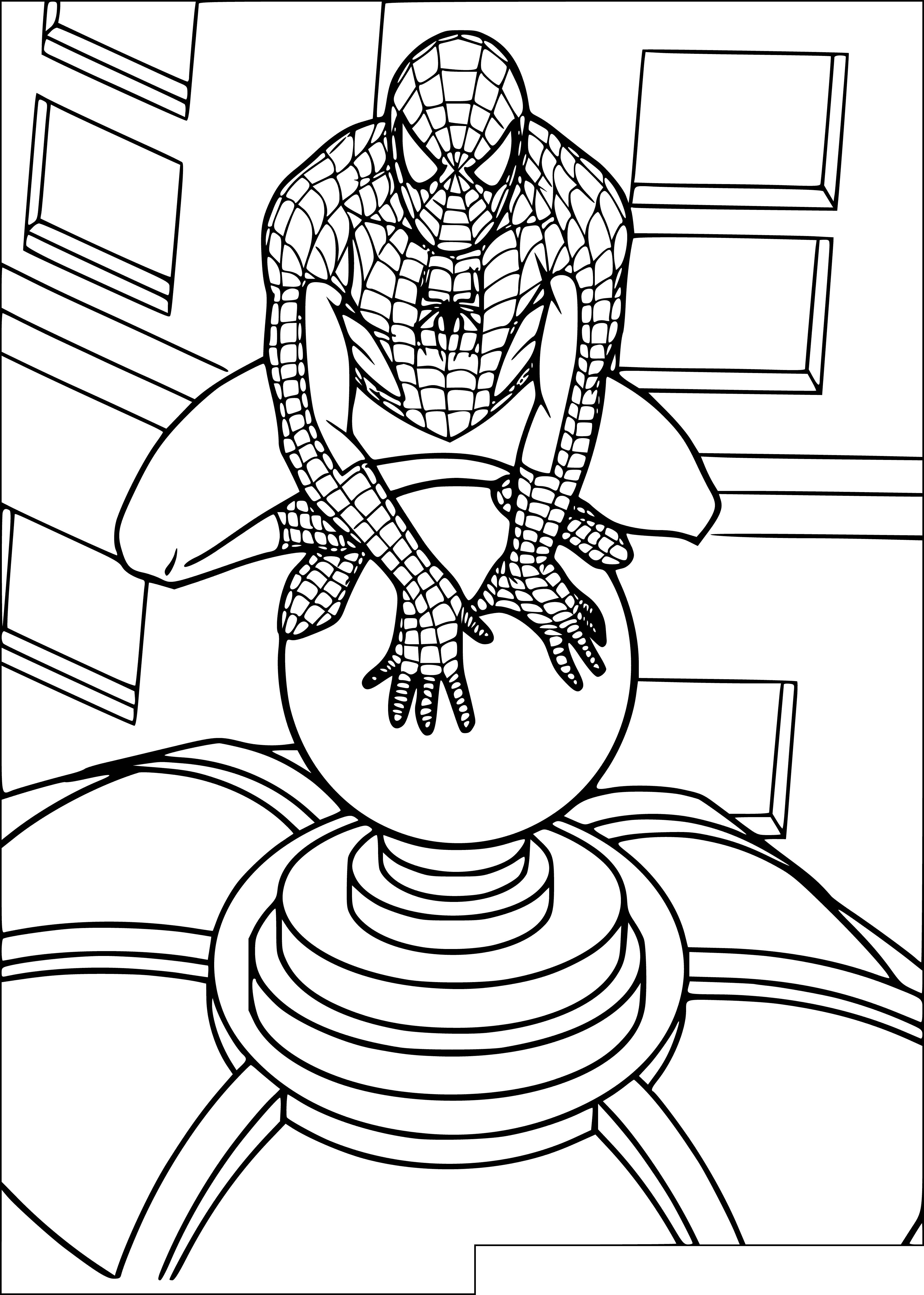 coloring page: Spider-Man is ready to fight while standing atop a building in his iconic red and blue suit with spider emblem. Mask covering his face. #HeroVigilante