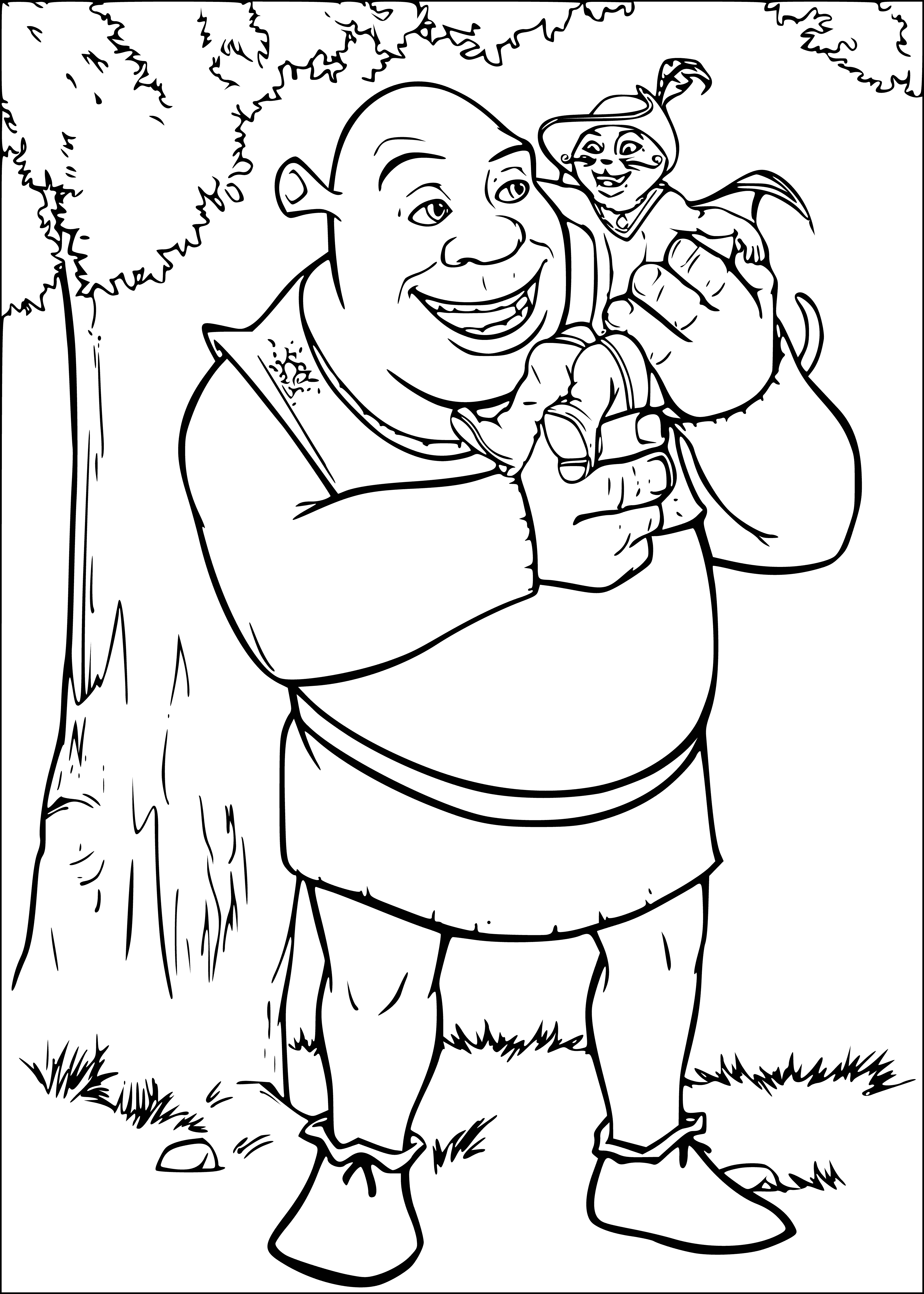 coloring page: Shrek, a green ogre, holds an orange cat with its mouth open, apparently meowing. Shrek looks like he's about to say something.