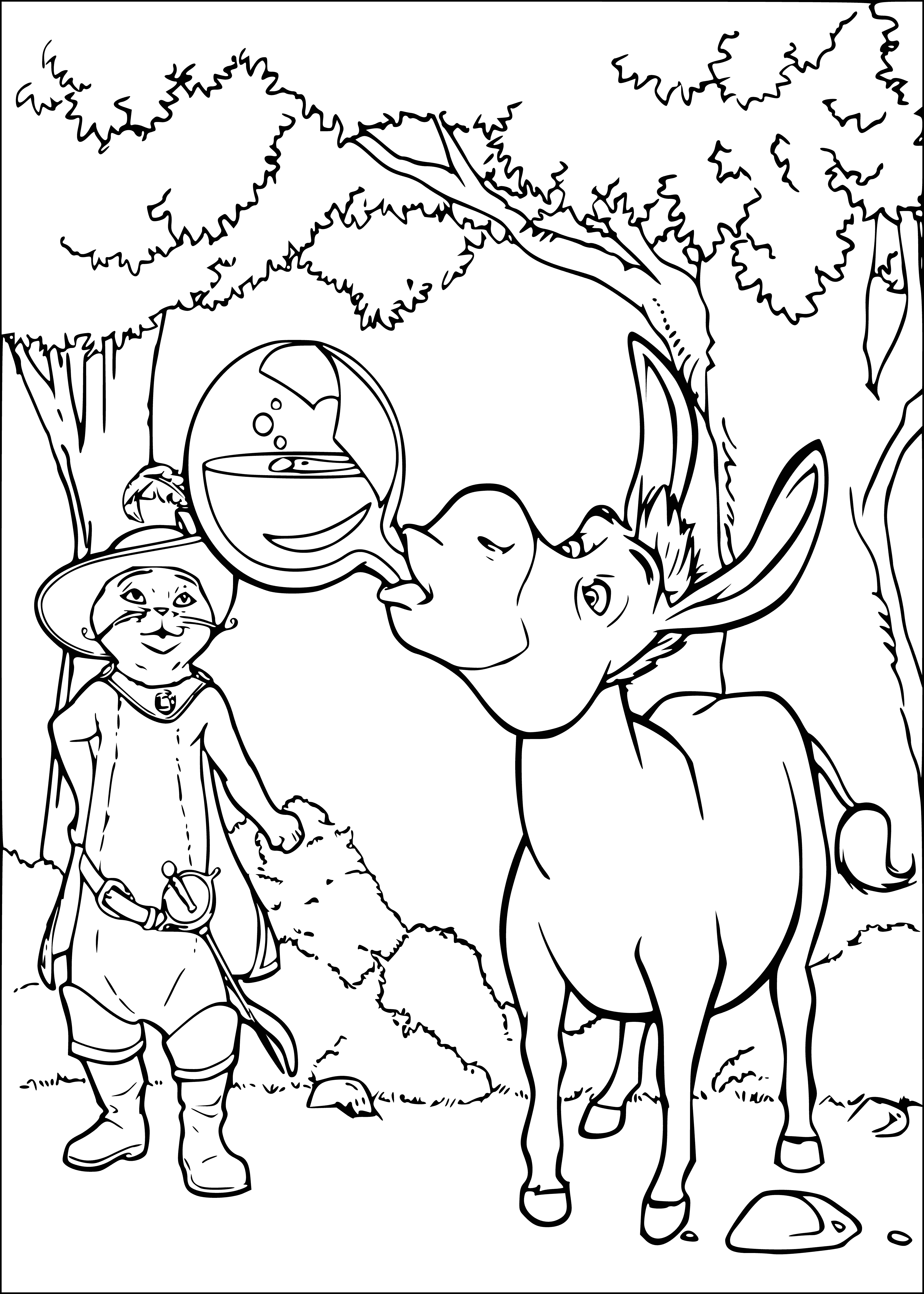 coloring page: Shrek & Donkey stand side-by-side, smiling & looking at each other & the camera.