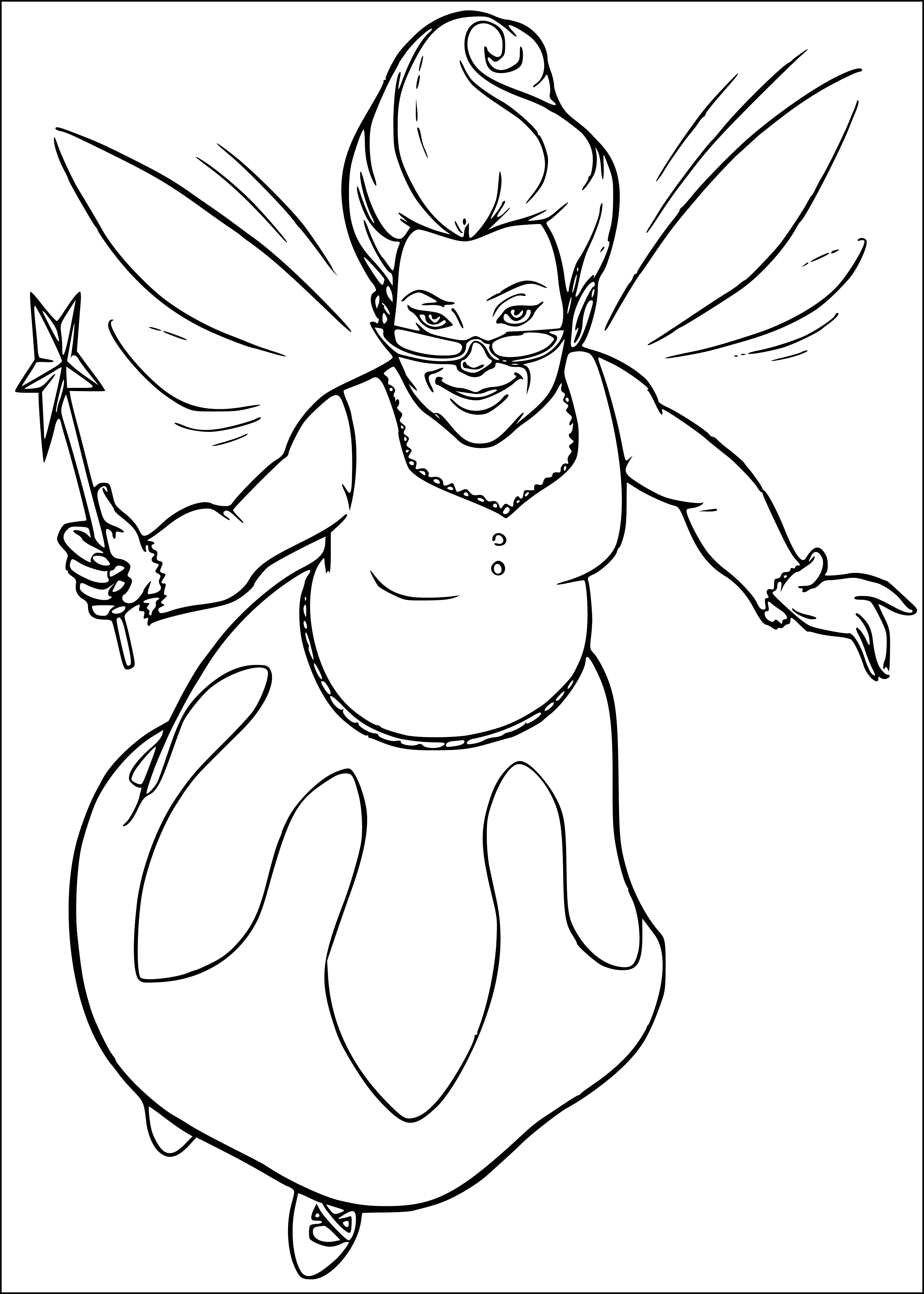 coloring page: The Fairy Godmother shows kindness, and always looks out for others with a big smile. Wearing a pink dress, she holds a wand and has her hair in a bun.