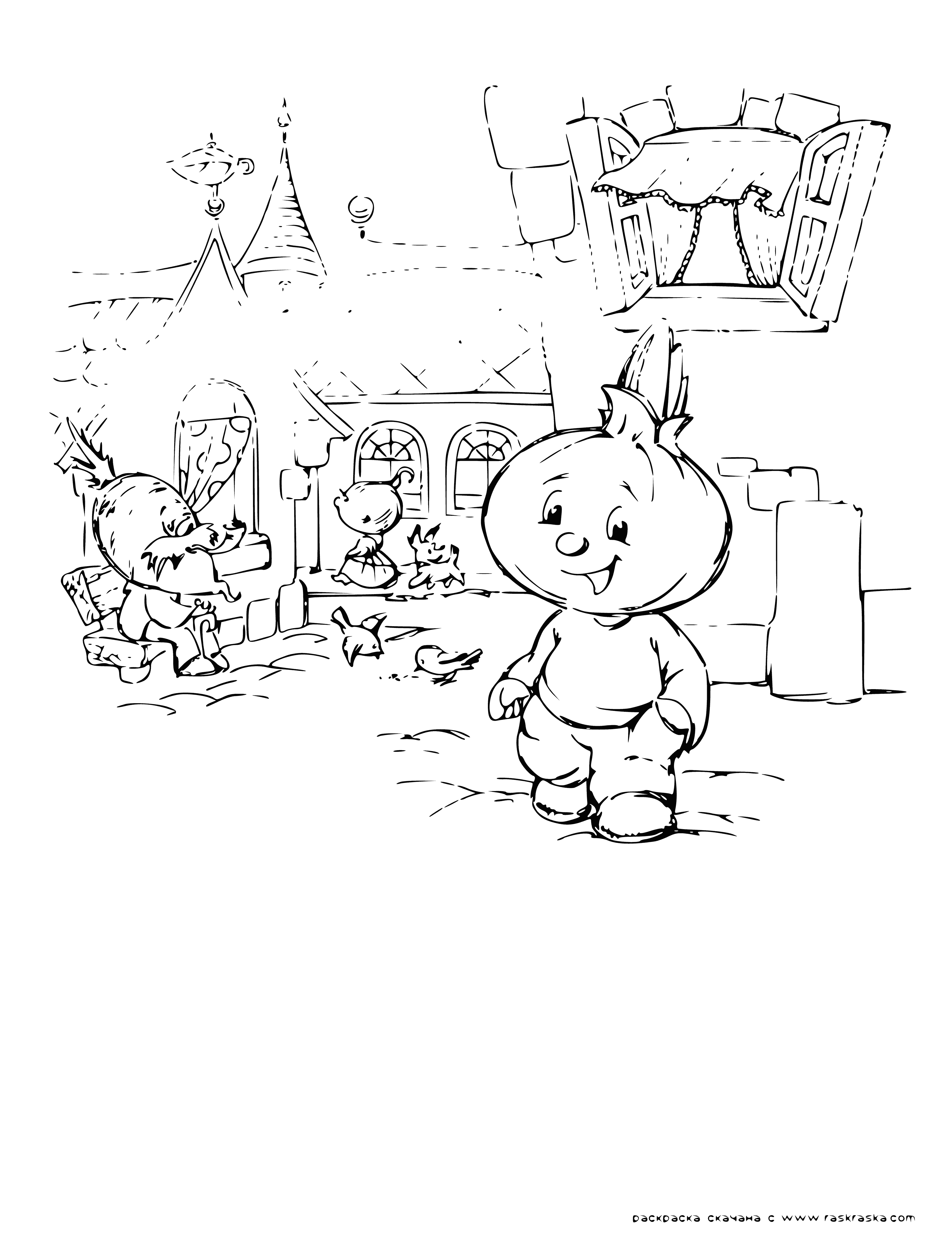coloring page: Chipollino is born in a land of onions, works in the fields, impresses the King and is banned but manages to use his daring plan to save his father & other workers.
