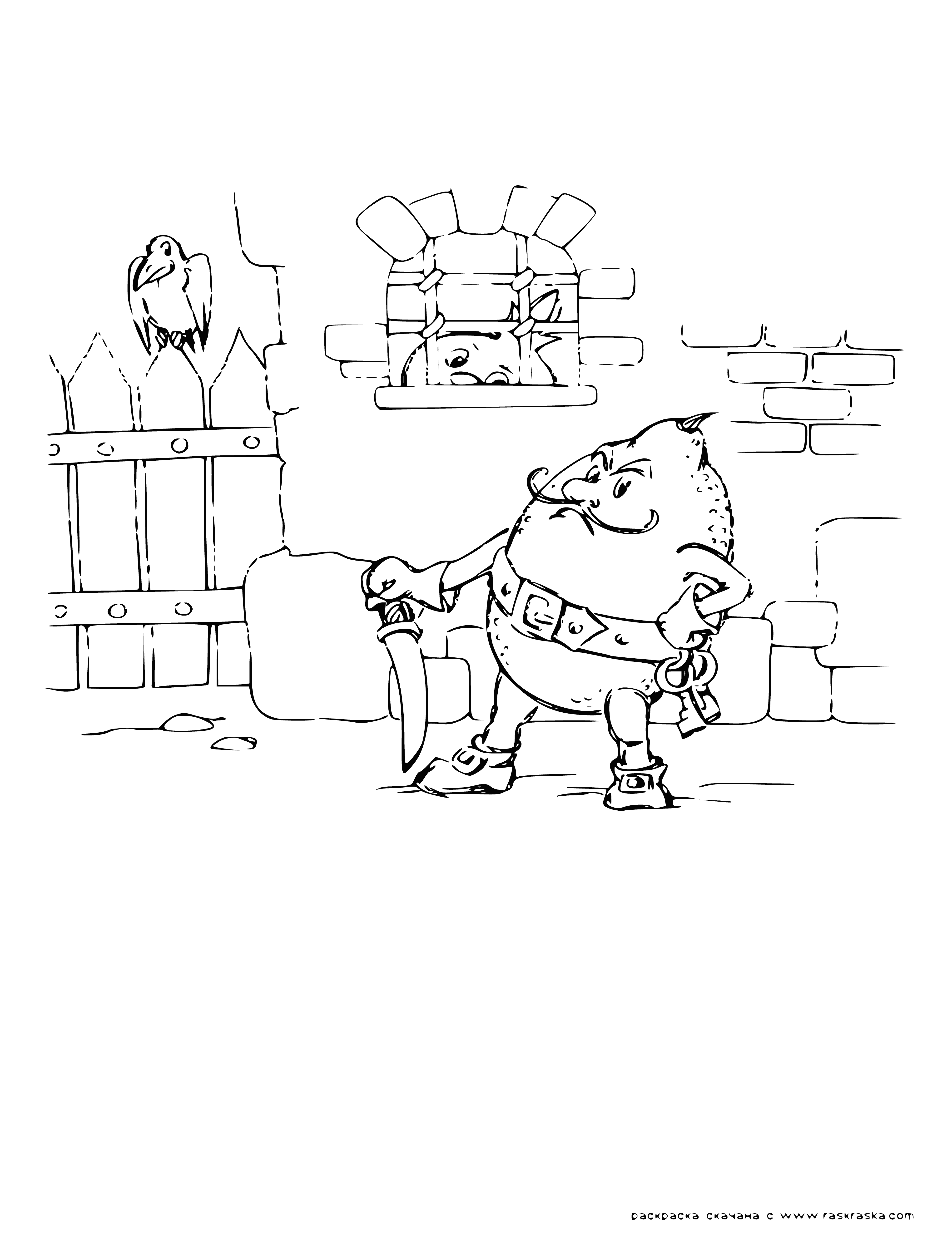 coloring page: Cipollino and his fellow prisoners, small and thin with mallets, break rocks in an ornate prison building surrounded by towers.