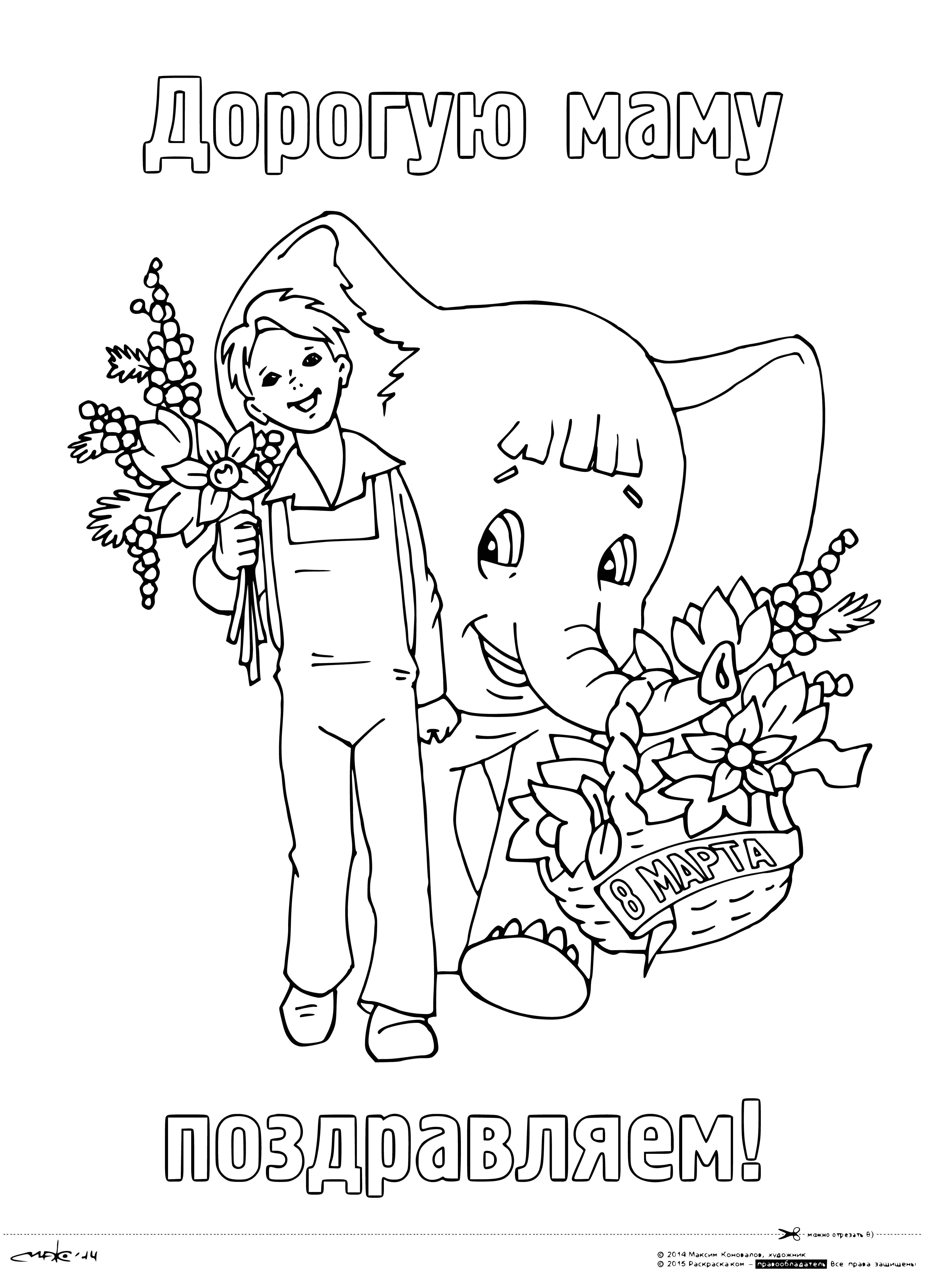 coloring page: Mother & daughter embrace, smiling with flowers & banner reading "Congratulations to dear mom!"