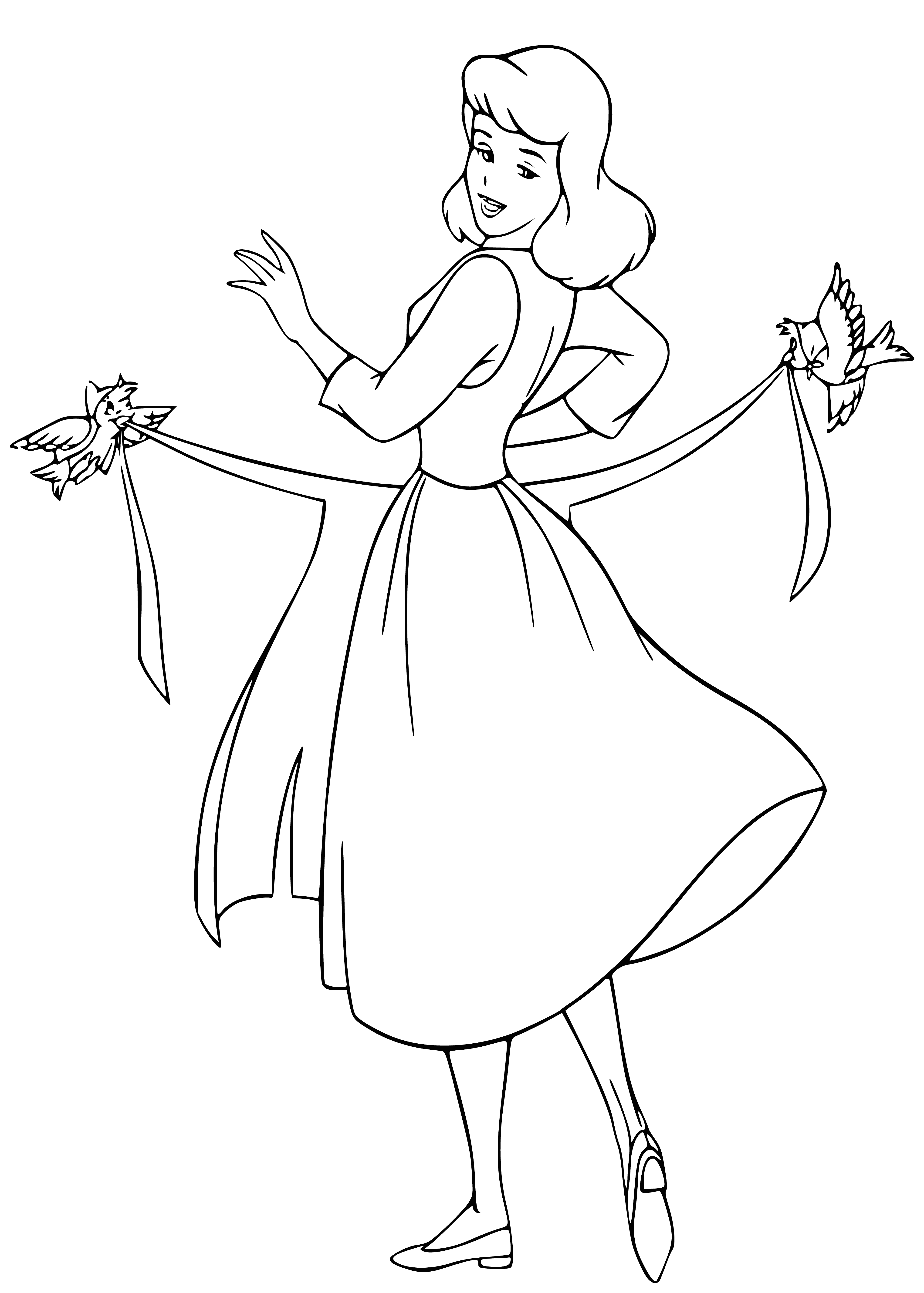 coloring page: Cinderella puts on an apron and looks out a window, her golden hair glinting in the light.