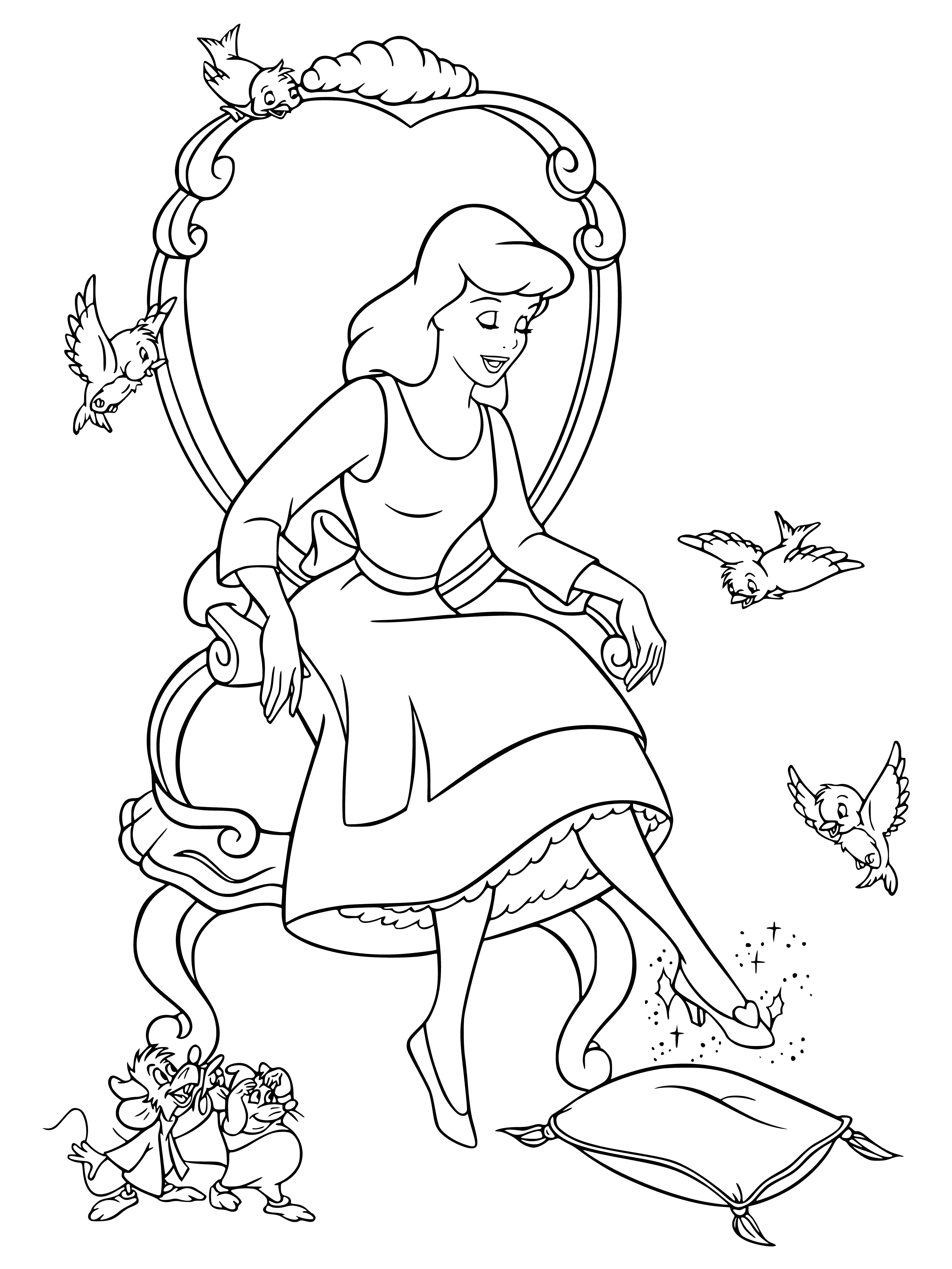 coloring page: Cinderella holds pumpkin & crystal shoe, wearing blue dress & glass slippers, standing before fire.