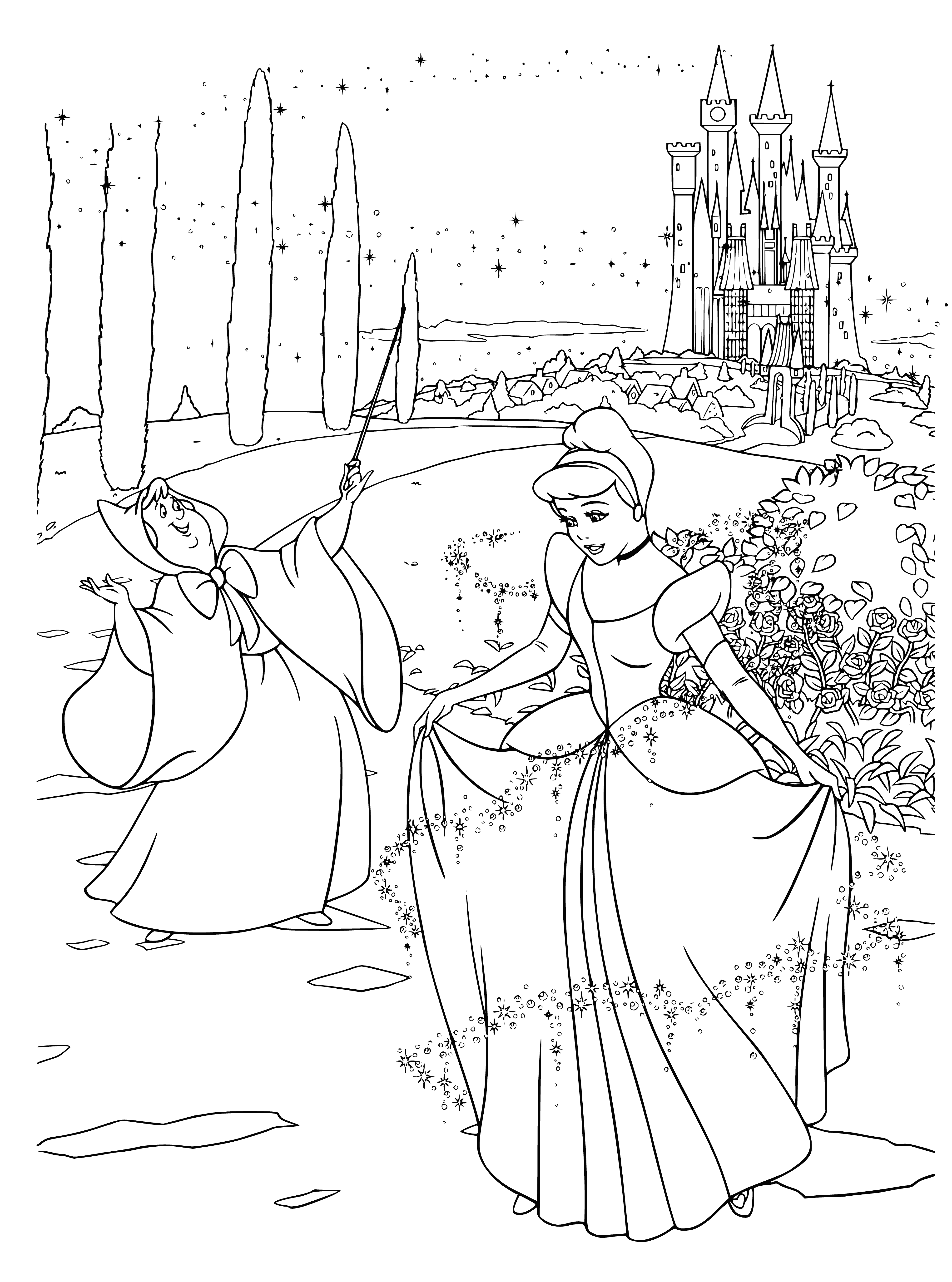 coloring page: Cinderella's old dress is transformed into a beautiful new gown with shimmering fabric, blue sash, low neckline, and slim skirt. Feet are bare.