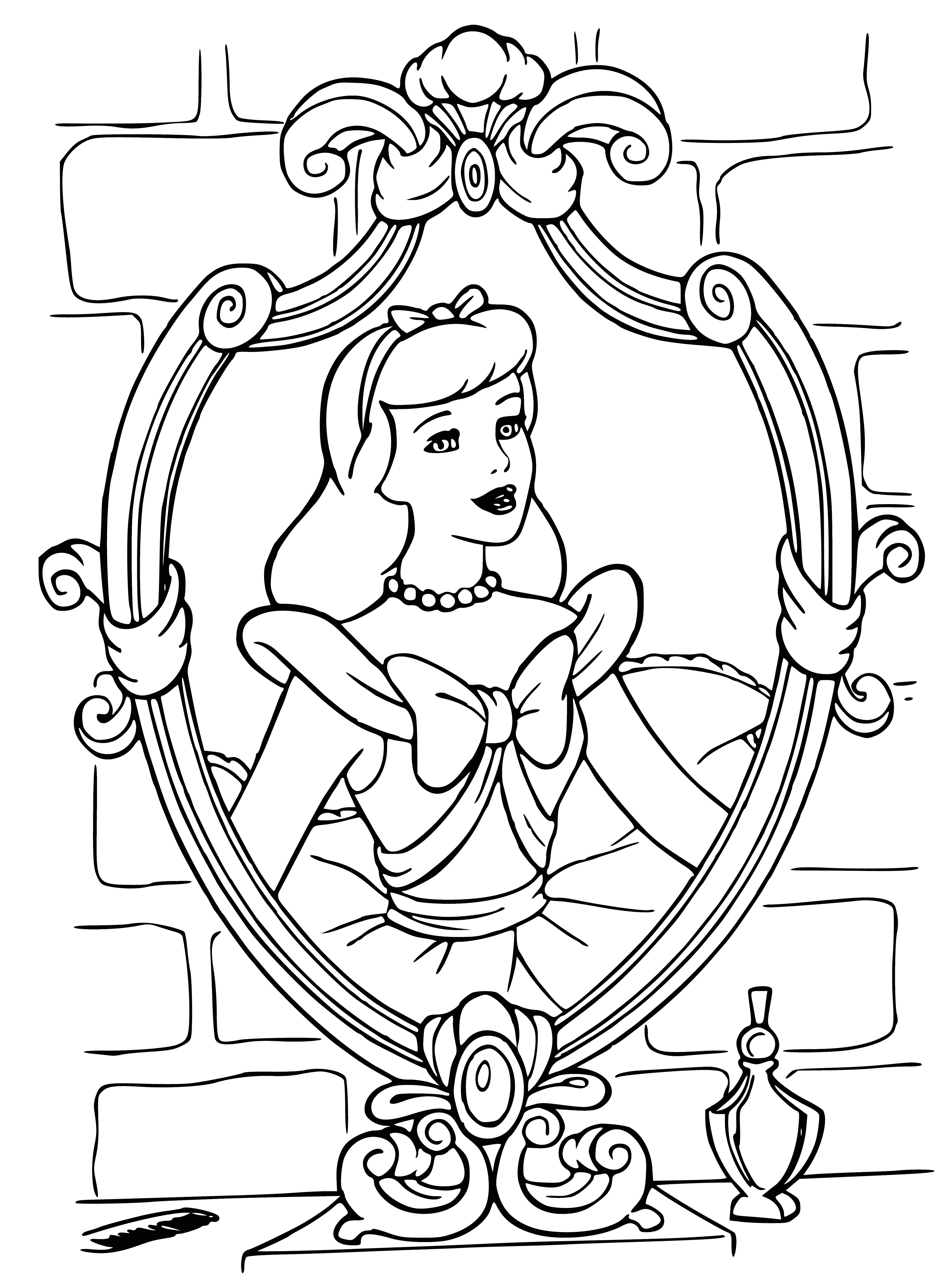 coloring page: A girl in a dusty dress stands sadly, hair messed up, holding a broom in her hand and looking in a mirror.