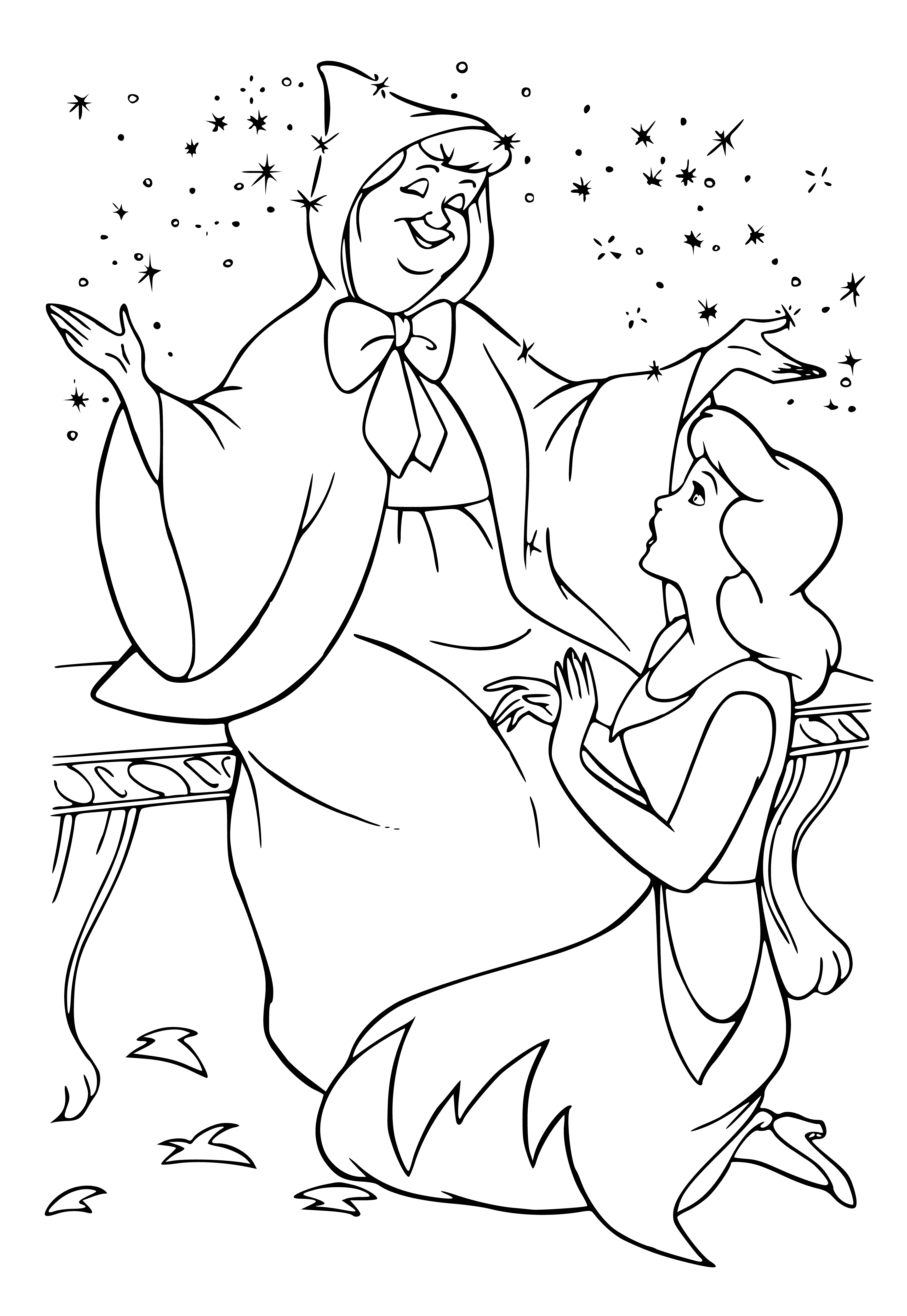 coloring page: Fairy godmother has light blue dress, purple cape w/hood, light brown hair, blue eyes, wings & magic wand. #fairytales