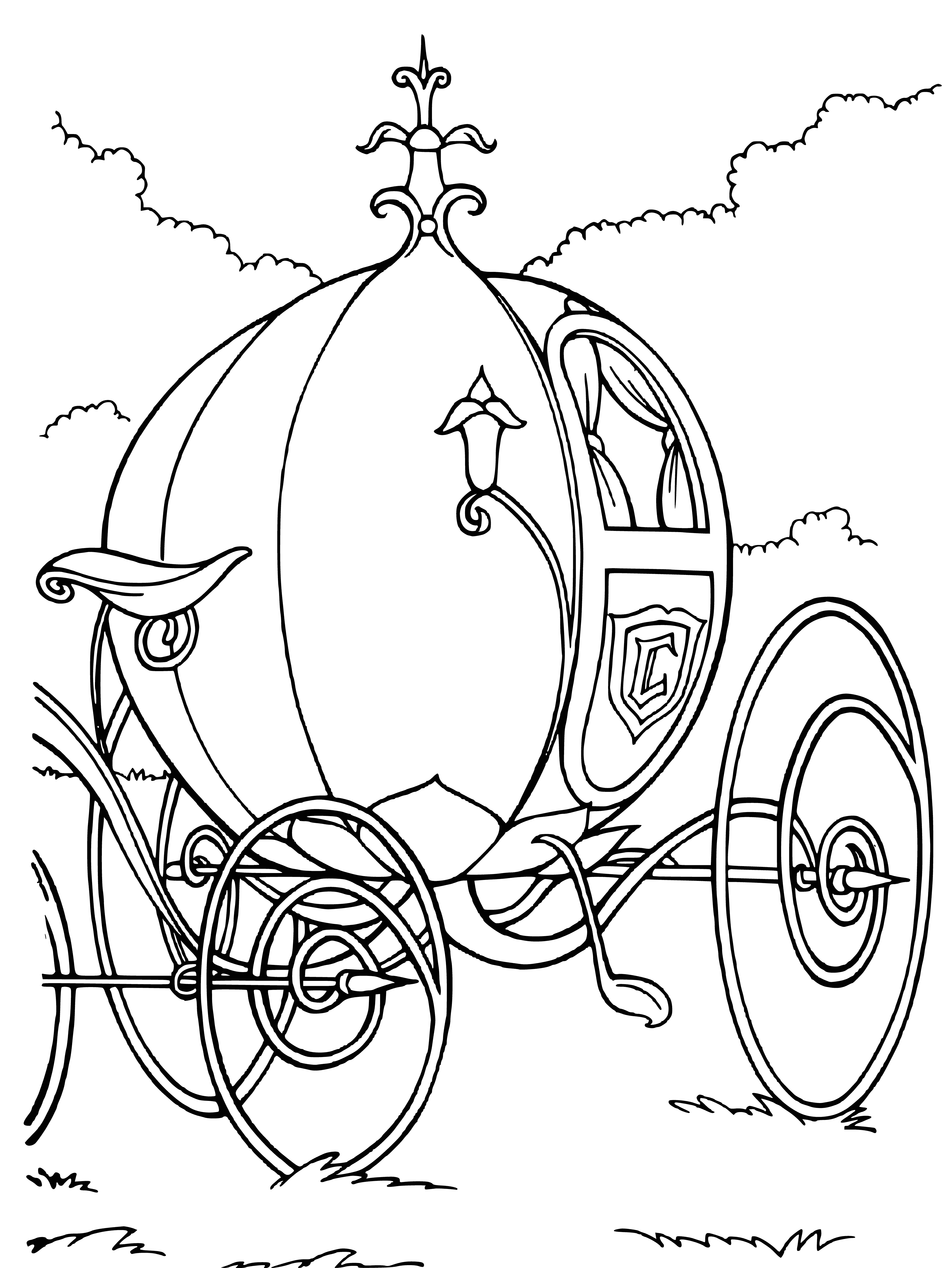 coloring page: Pumpkin turned into ornate golden carriage, with coachman's hat on top.