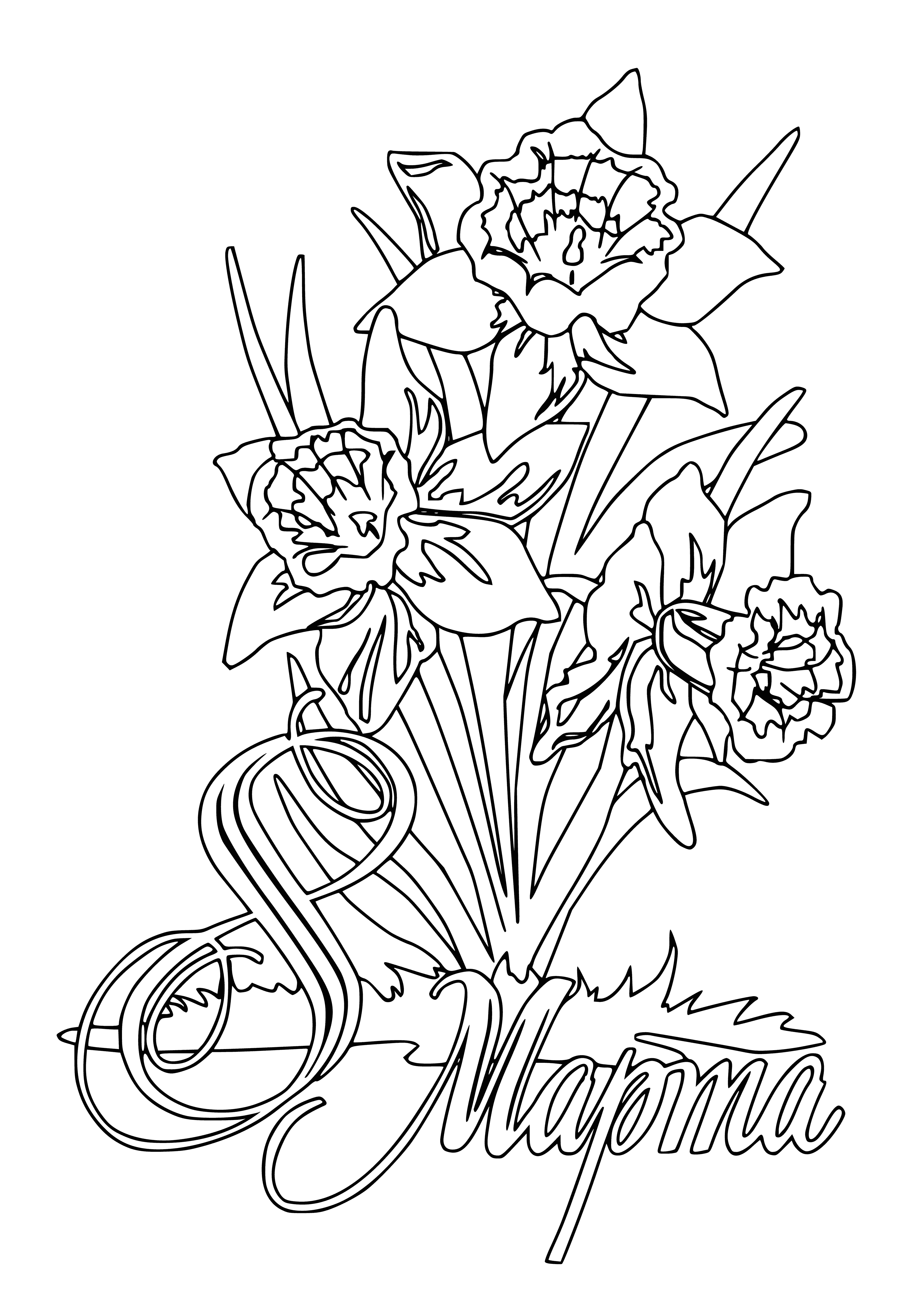 coloring page: Crowd of people celebrating International Women's Day w/ banners & daffodils, standing in front of a large stage w/ microphone. #IWD2021