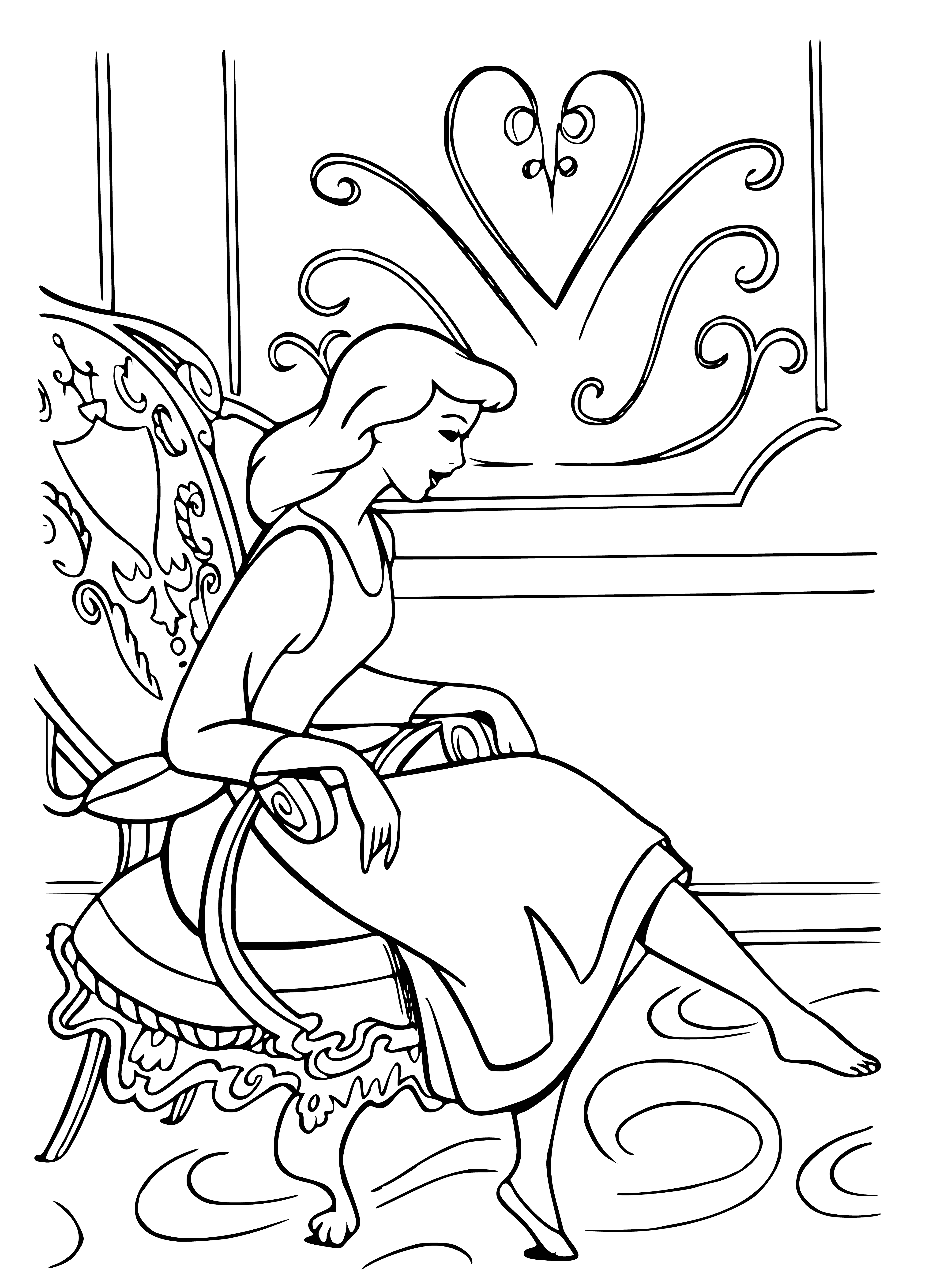 coloring page: Someone measuring a glass slipper with a tape is seen on this coloring page.