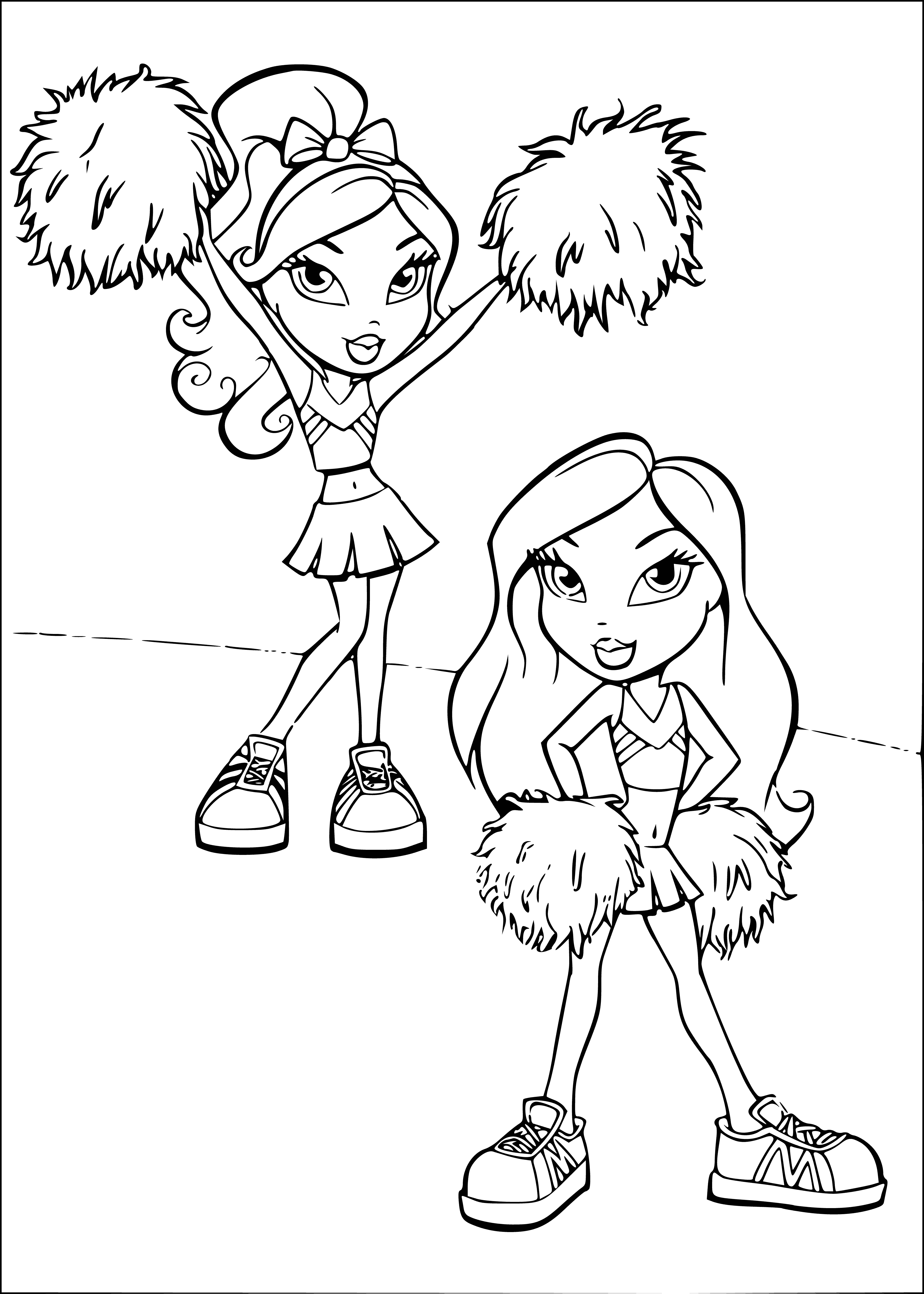 coloring page: Four dolls in coloring page: two blonde hair, brown, black, all wearing makeup & Jordan sneakers, two jeans, two dresses.