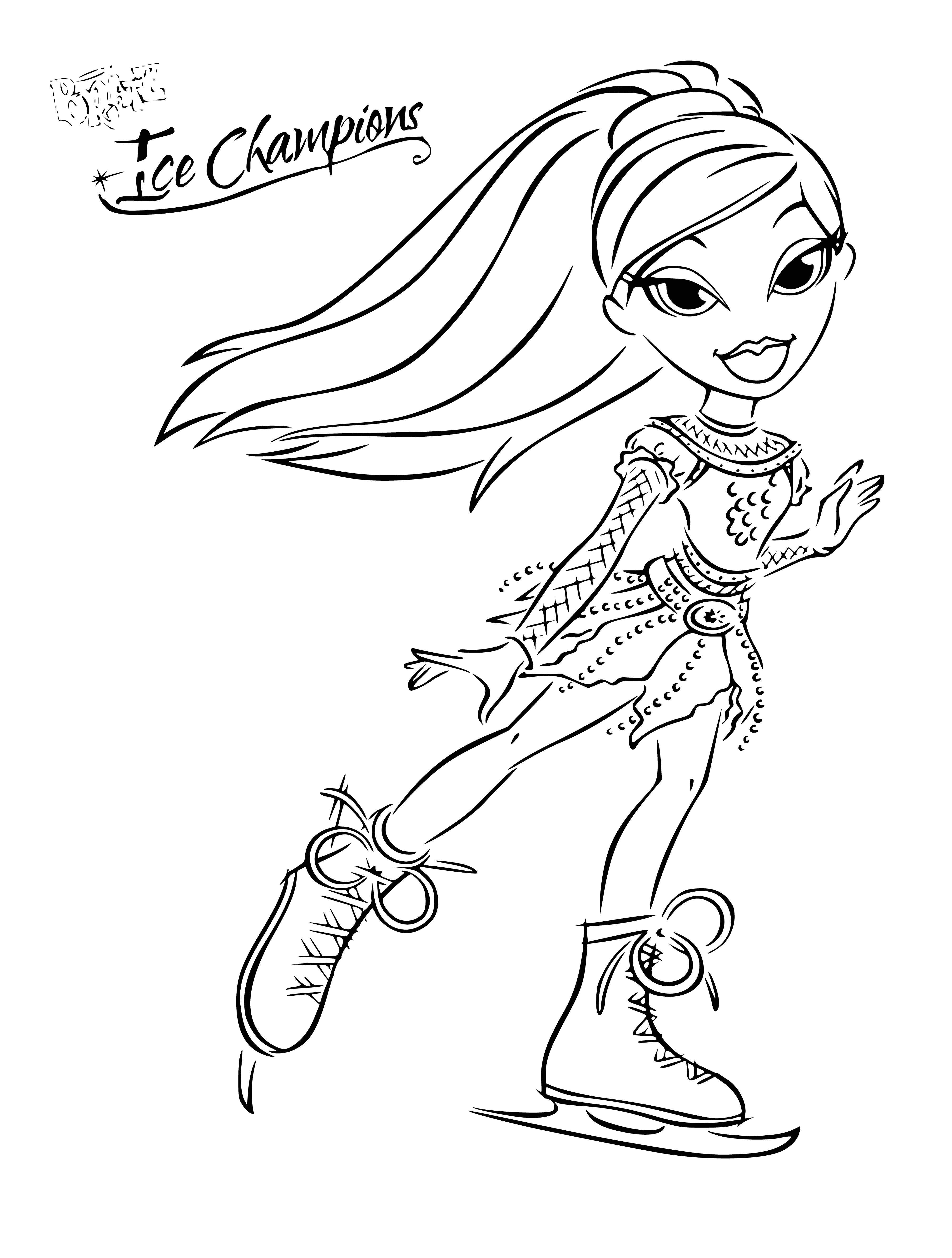 coloring page: Two Bratz dolls skating on ice, dressed in pink & blue w/ white fur trims, arms out & in pigtails.