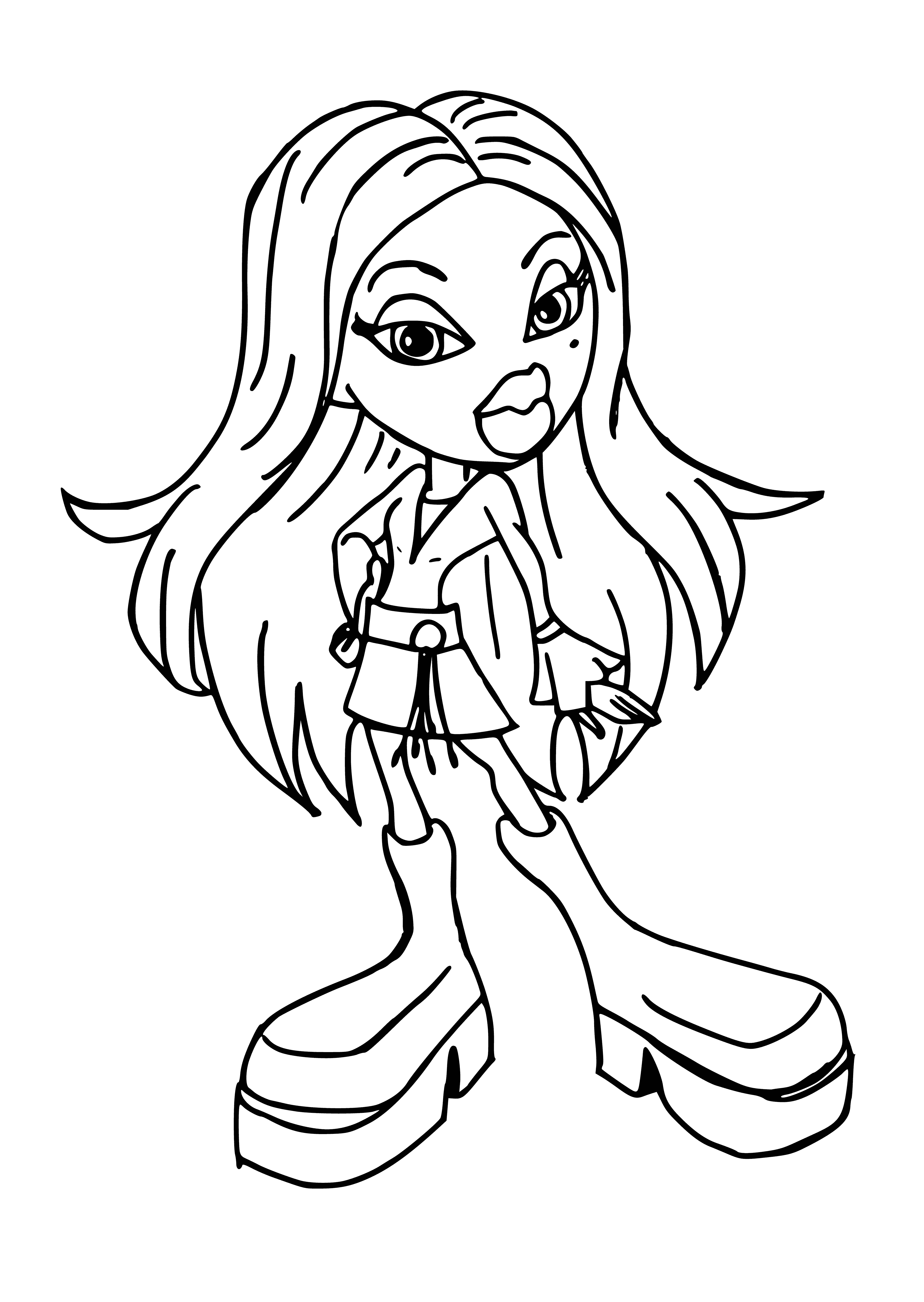 coloring page: Jasmine is one of the Bratz - big eyes, long wavy hair partially pulled back, wearing a white tank top & colorful printed sarong, hoop earrings & pink nails.