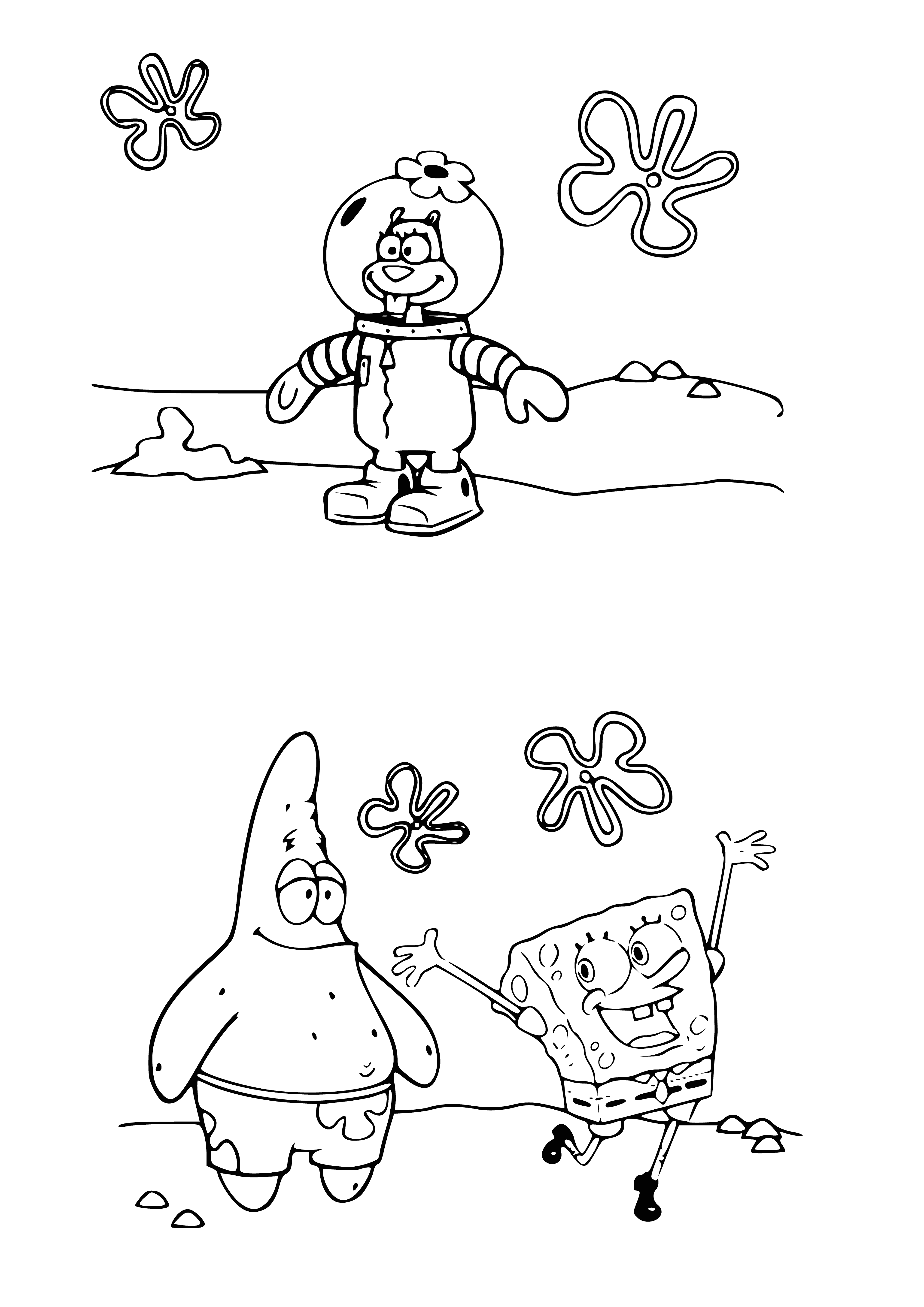 coloring page: SpongeBob, Patrick, Sandy, Squidward, & Gary are cartoon drawing pals in the center of the page.