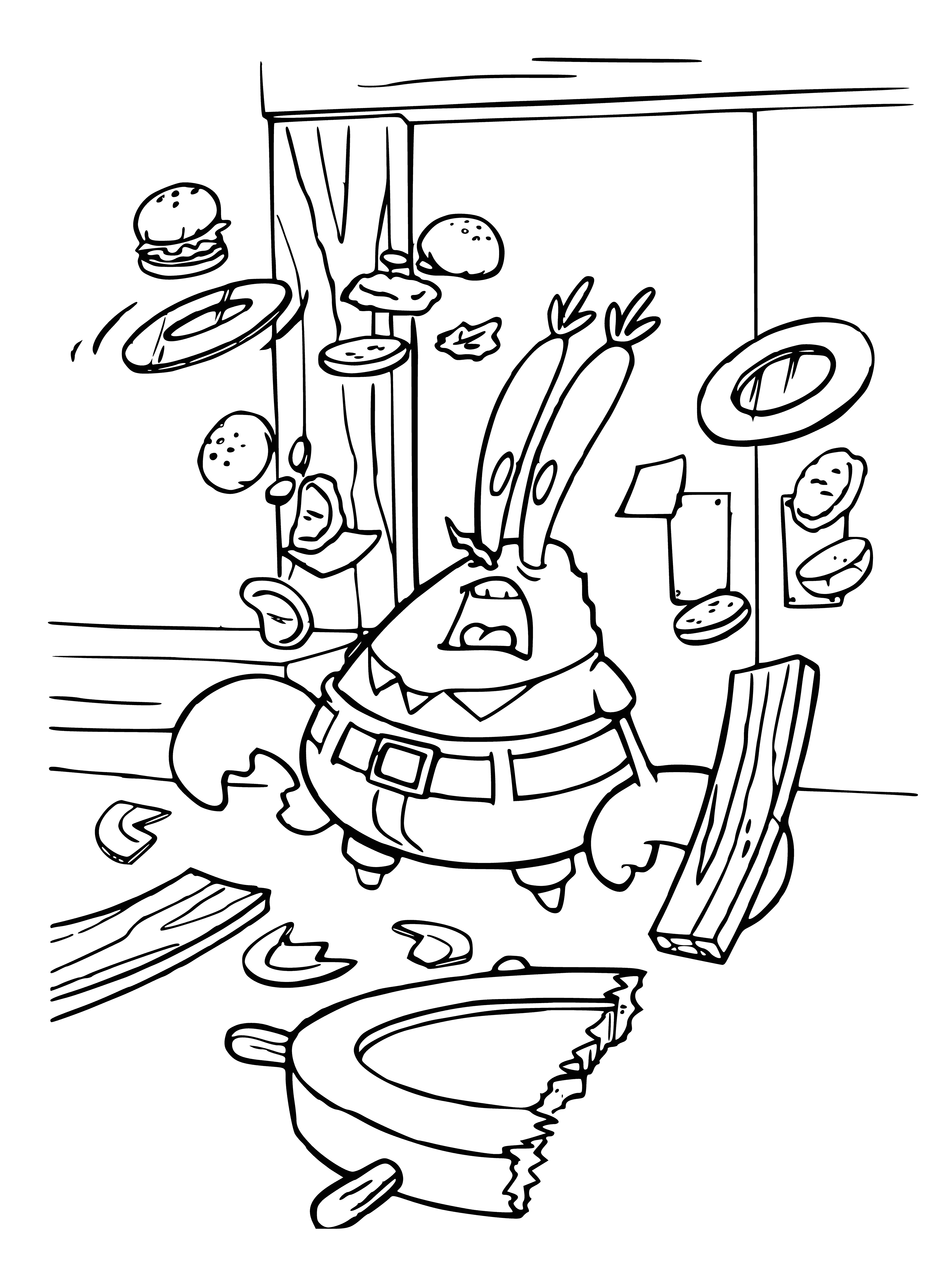 coloring page: SpongeBob screams in surprise as an explosion appears in the background! 3 fingers point up near his head. #spongebobsquarepants