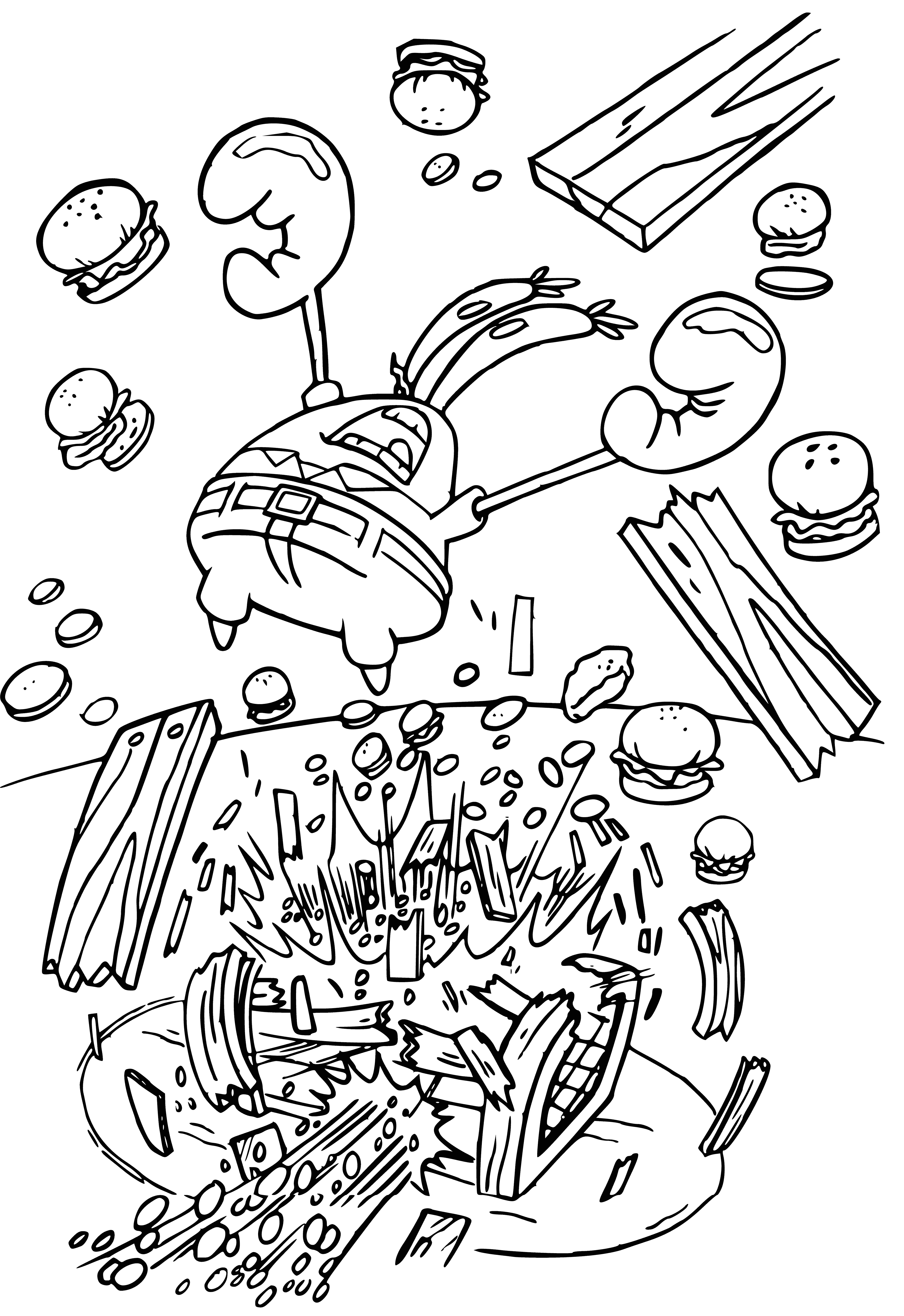 coloring page: Surprised Spongebob is surrounded by a fiery explosion in the center of this coloring page.