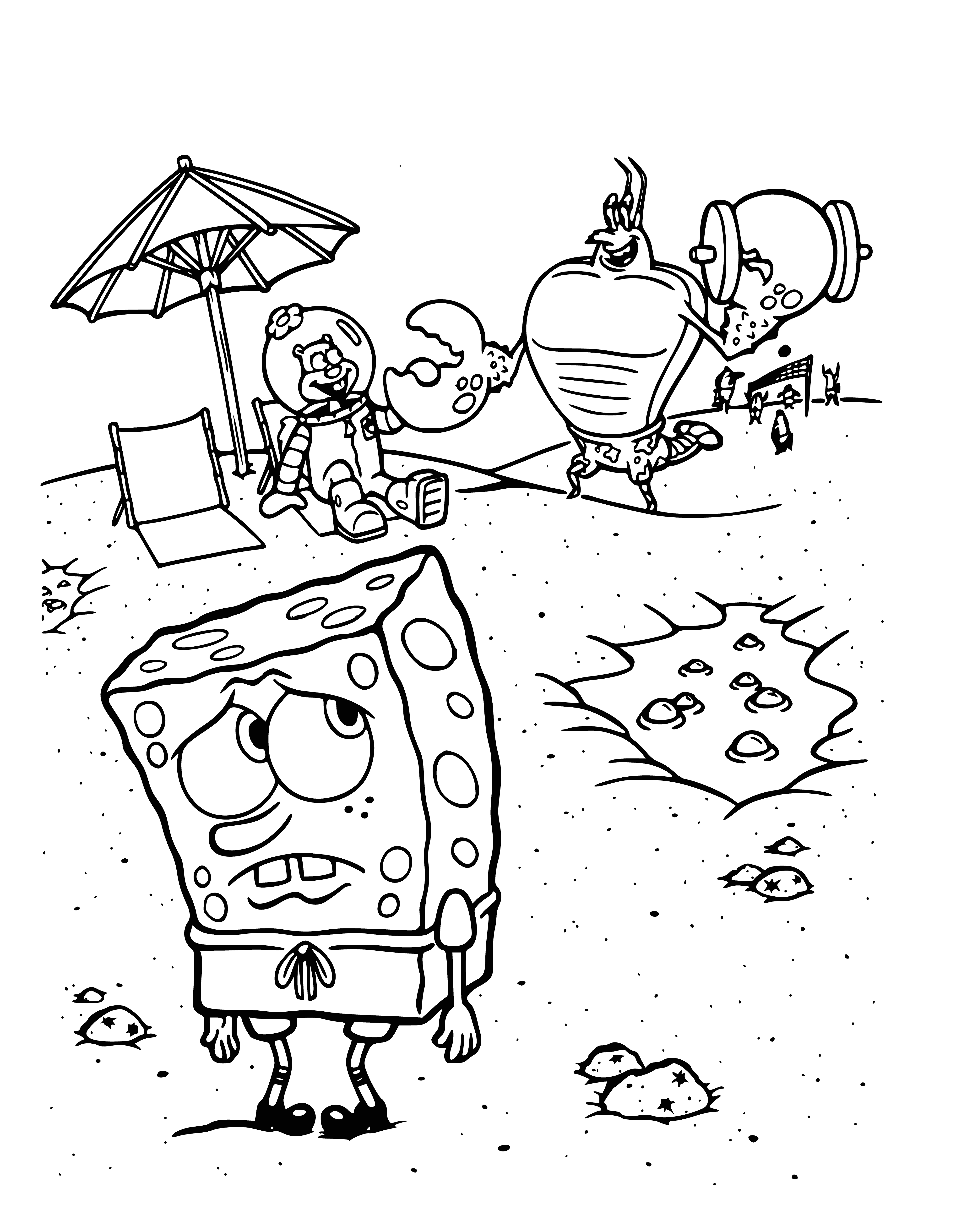 coloring page: SpongeBob Squarepants is a yellow character with big eyes & smile, wearing a red tie & brown pants. Looks happy & friendly. #SpongeBob