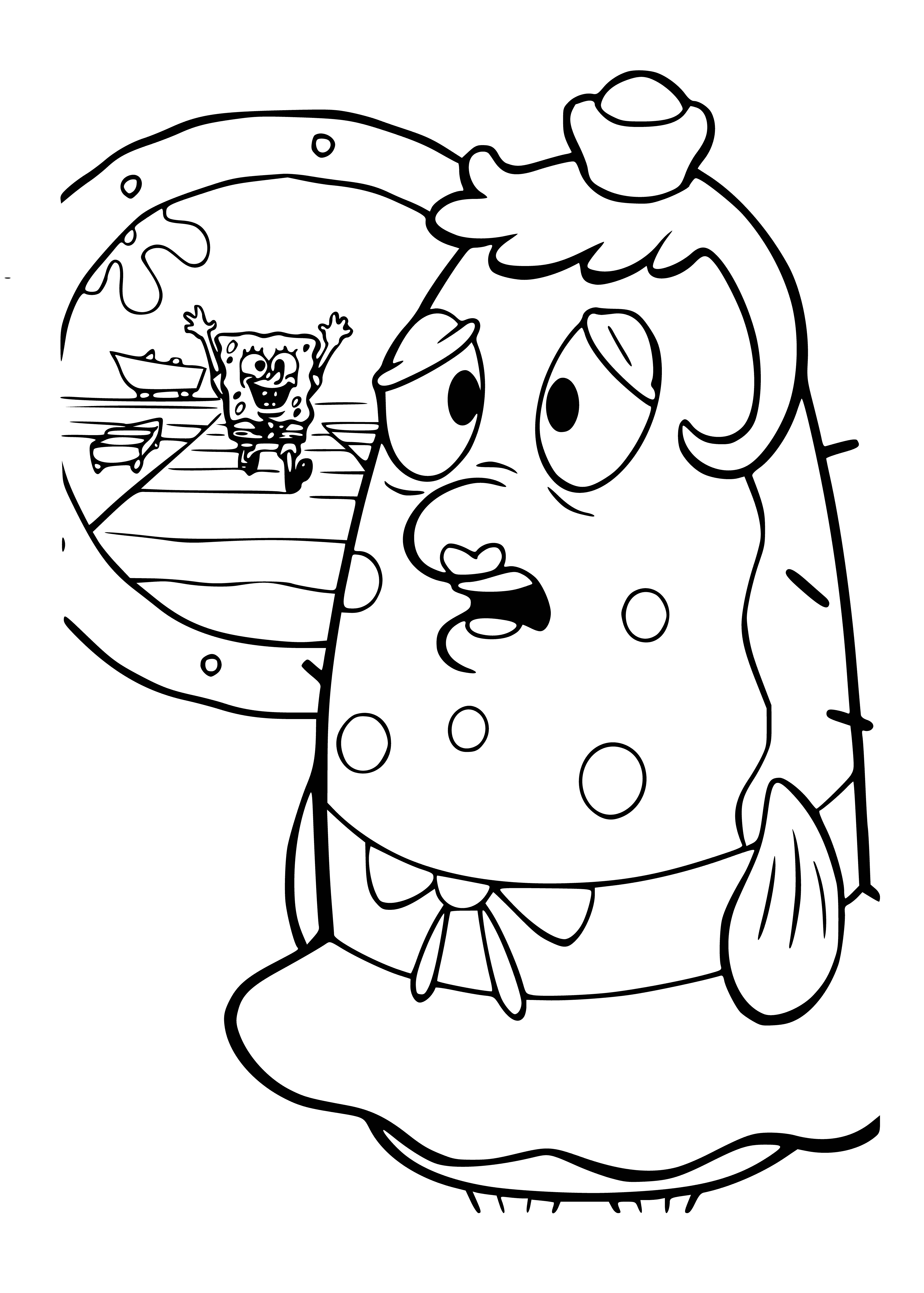 coloring page: Colorful SpongeBob Squarepants next to a plant with light yellow body and light brown pants, two blue eyes, and a big smile.
