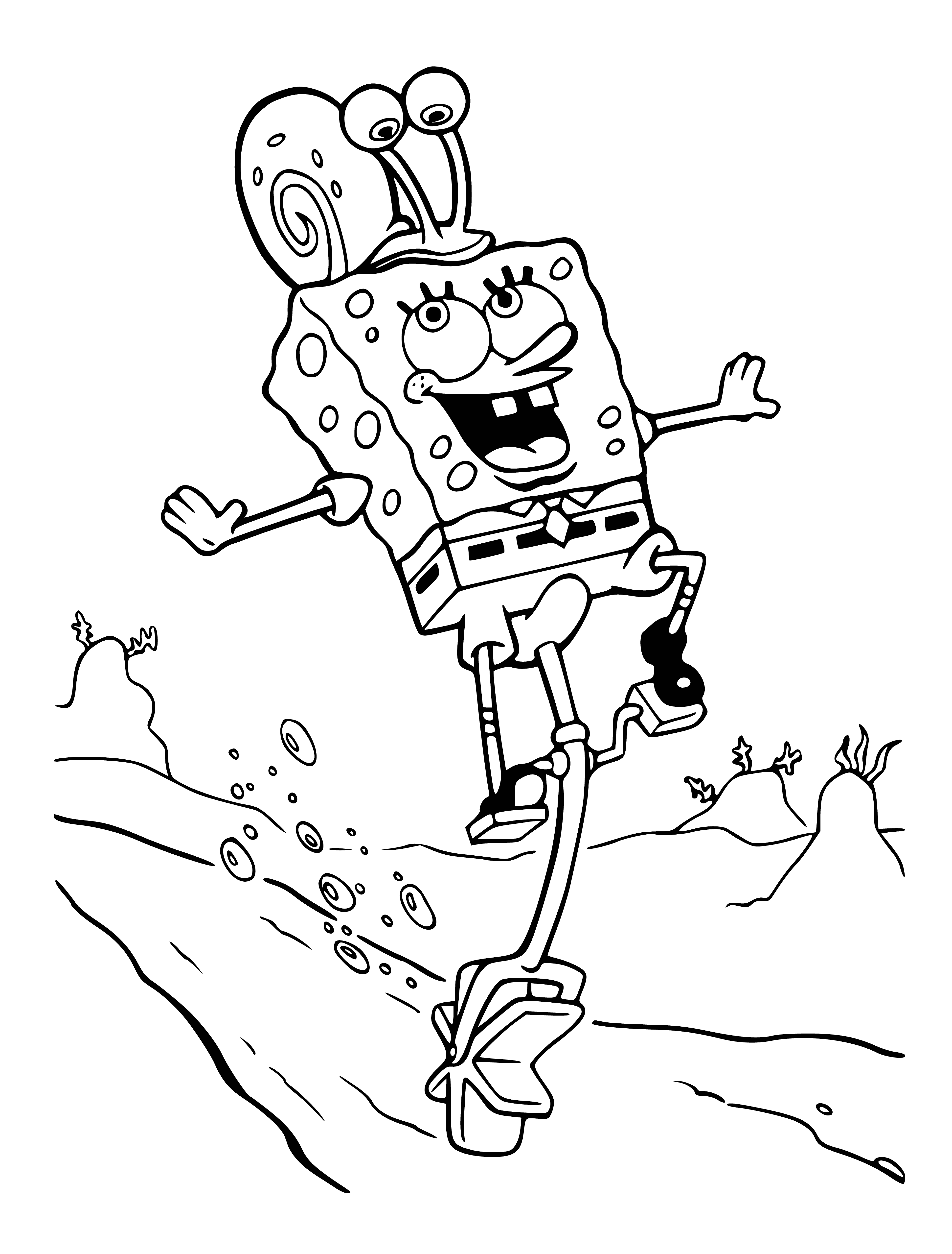 coloring page: Sponge with yellow rectangular body, big blue eyes & thin stick-like arms/legs wearing red square pants & yellow shoes smiling broadly.