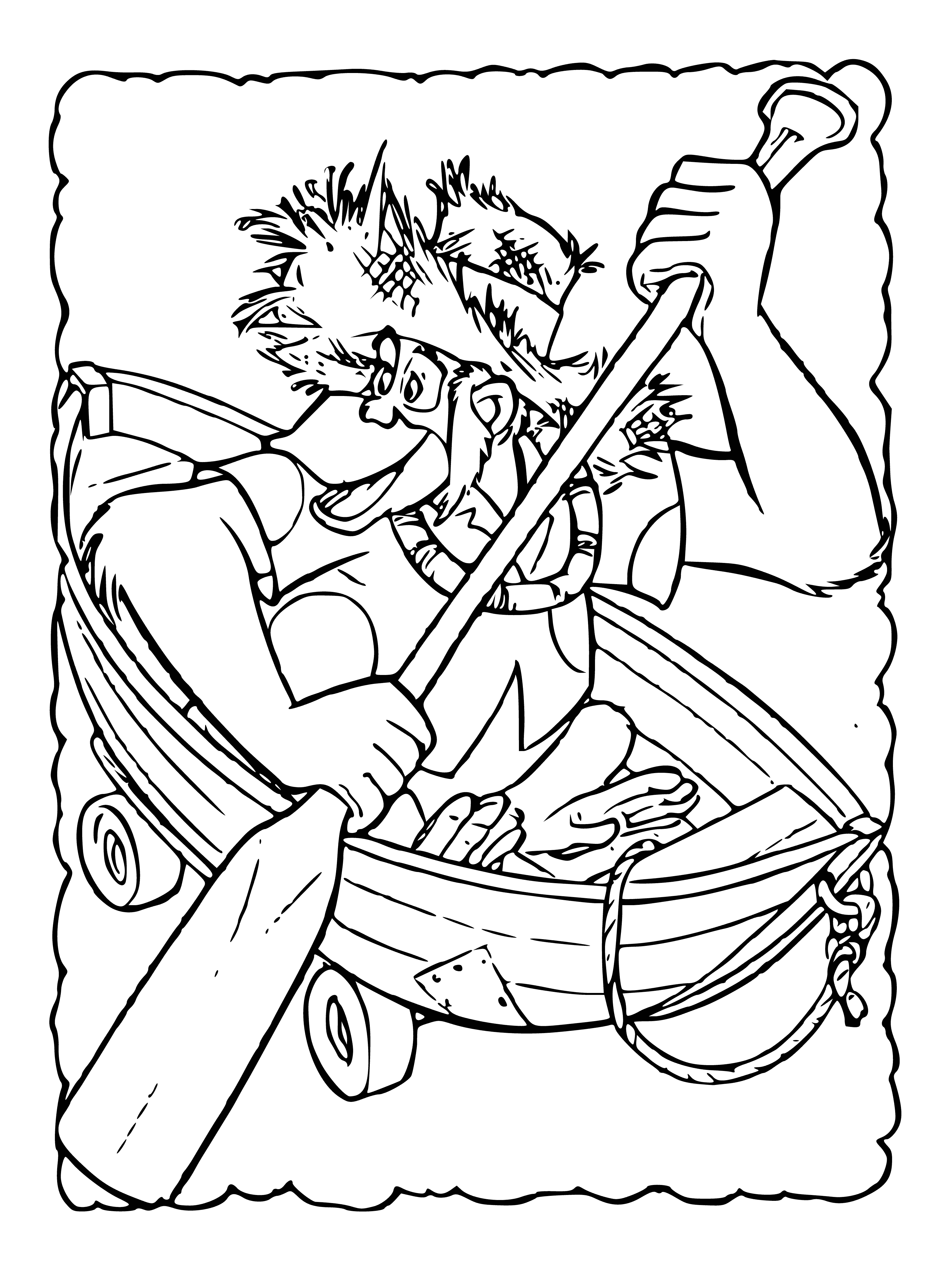 coloring page: A boat with blue and white stripes and a box holds a stuffed animal wearing a blue and white striped shirt with a pocket containing a yellow and green ball with a blue star.