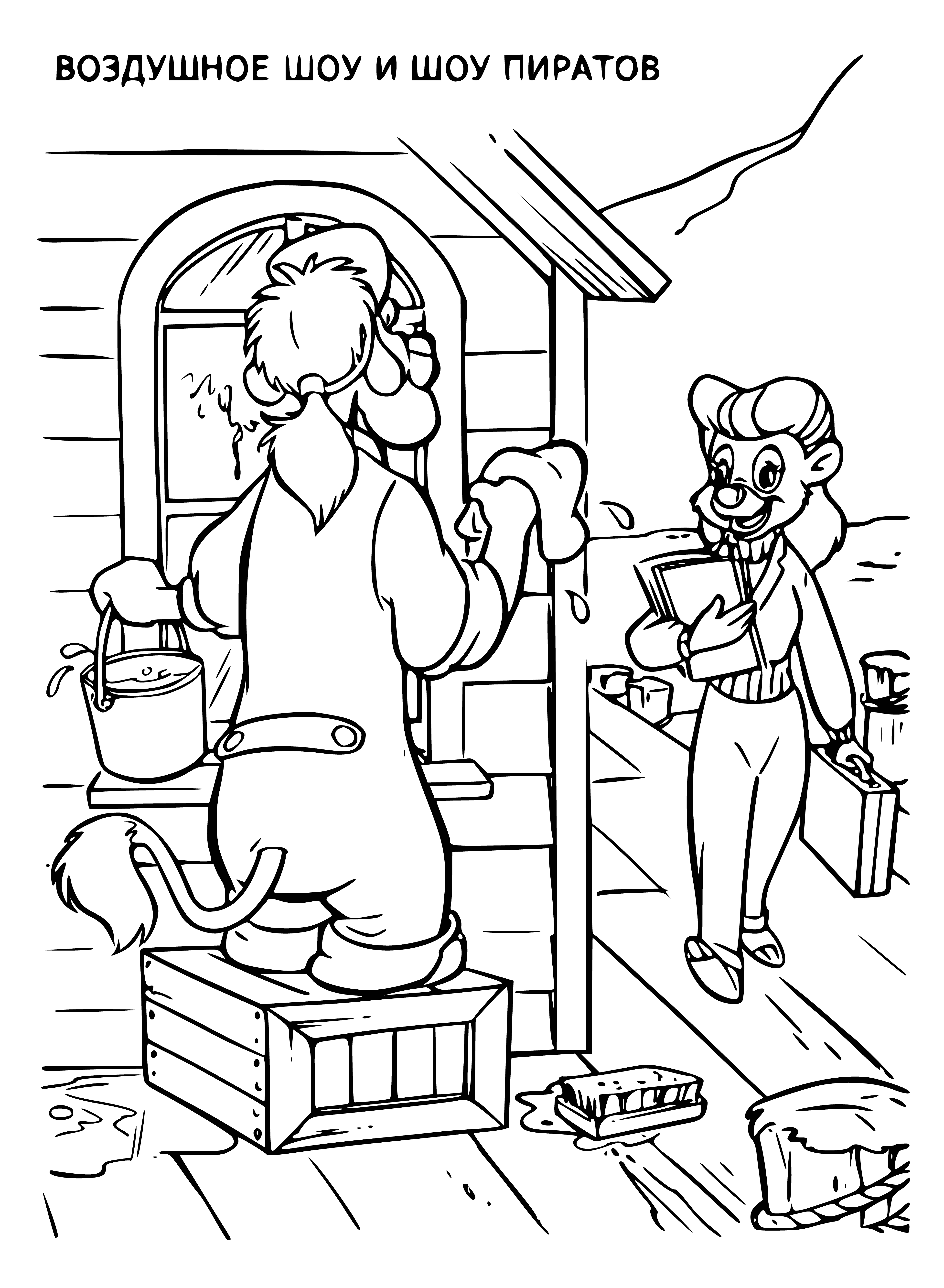 coloring page: Pirates search for prey with a telescope & chat with parrot, while their ship The Black Pearl awaits orders.