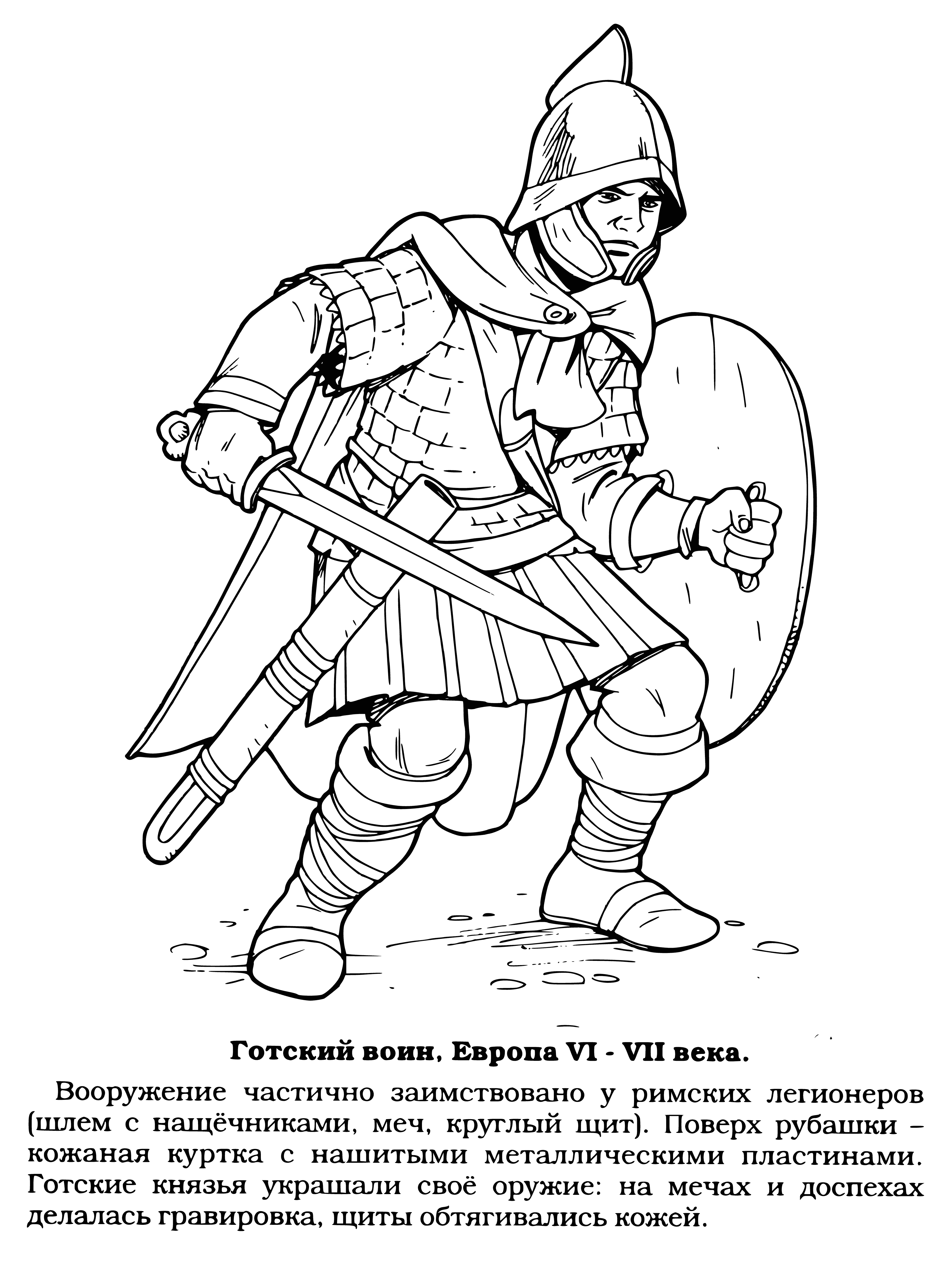coloring page: Gothic warrior statue has a sword, shield & armor, plus a helmet w/ a plume. Stands tall on a pedestal. Symbol of strength & bravery.