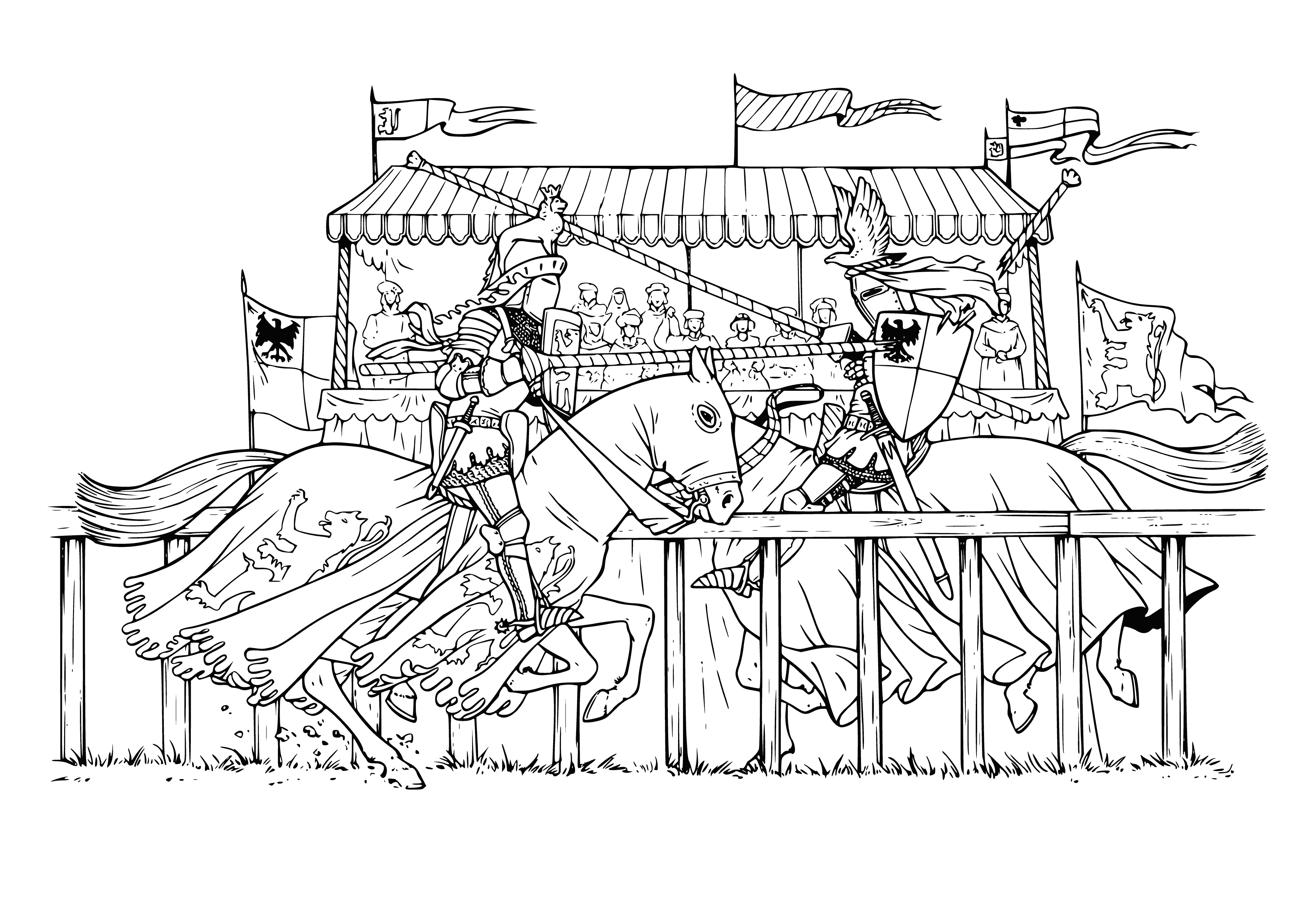 coloring page: Three armored knights riding their horses towards each other in an empty arena with a castle in the background.