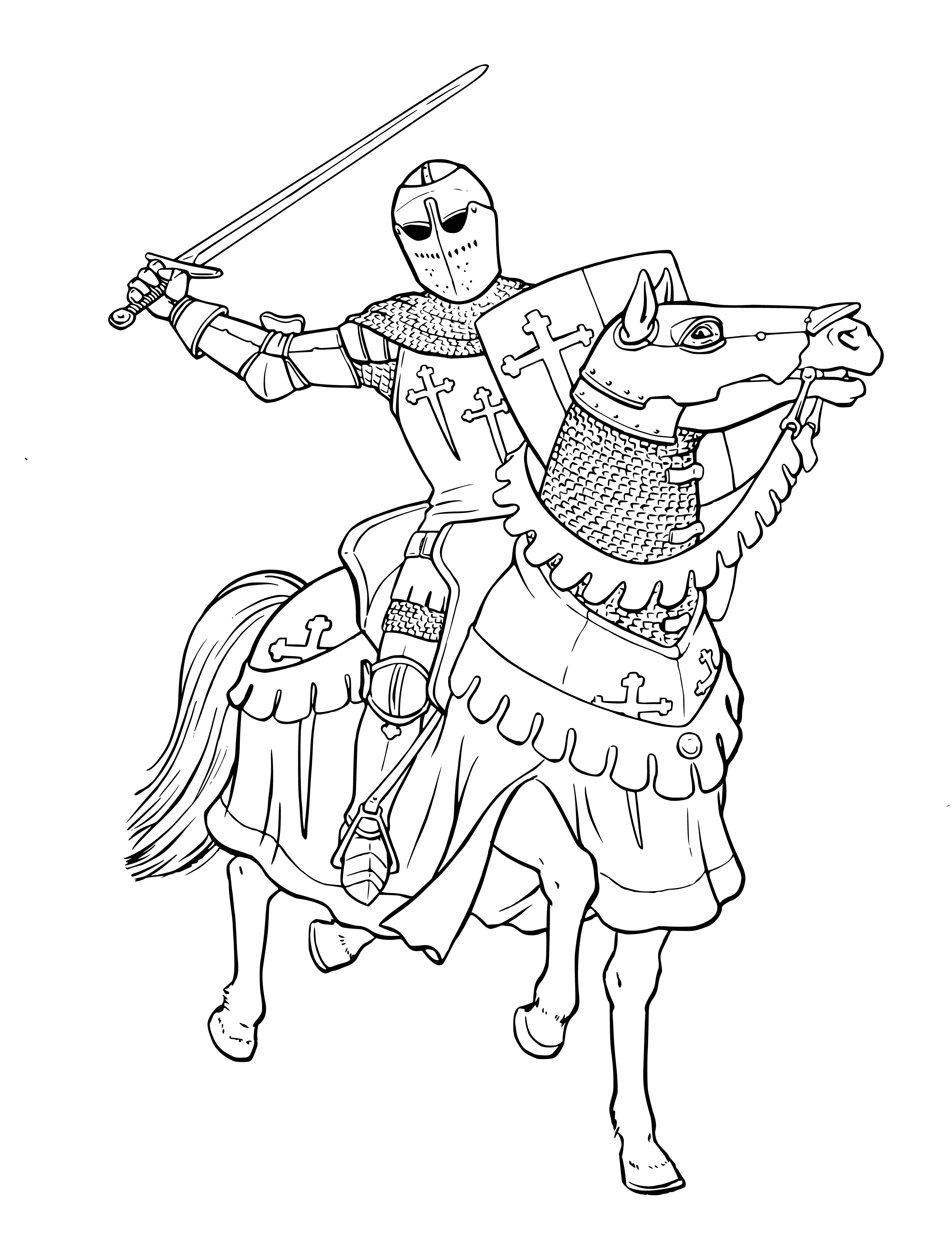 coloring page: Knights on horseback arrayed for battle, each armored & adorned differently. A few dozen, ready to fight for their allegiances. #medieval #army