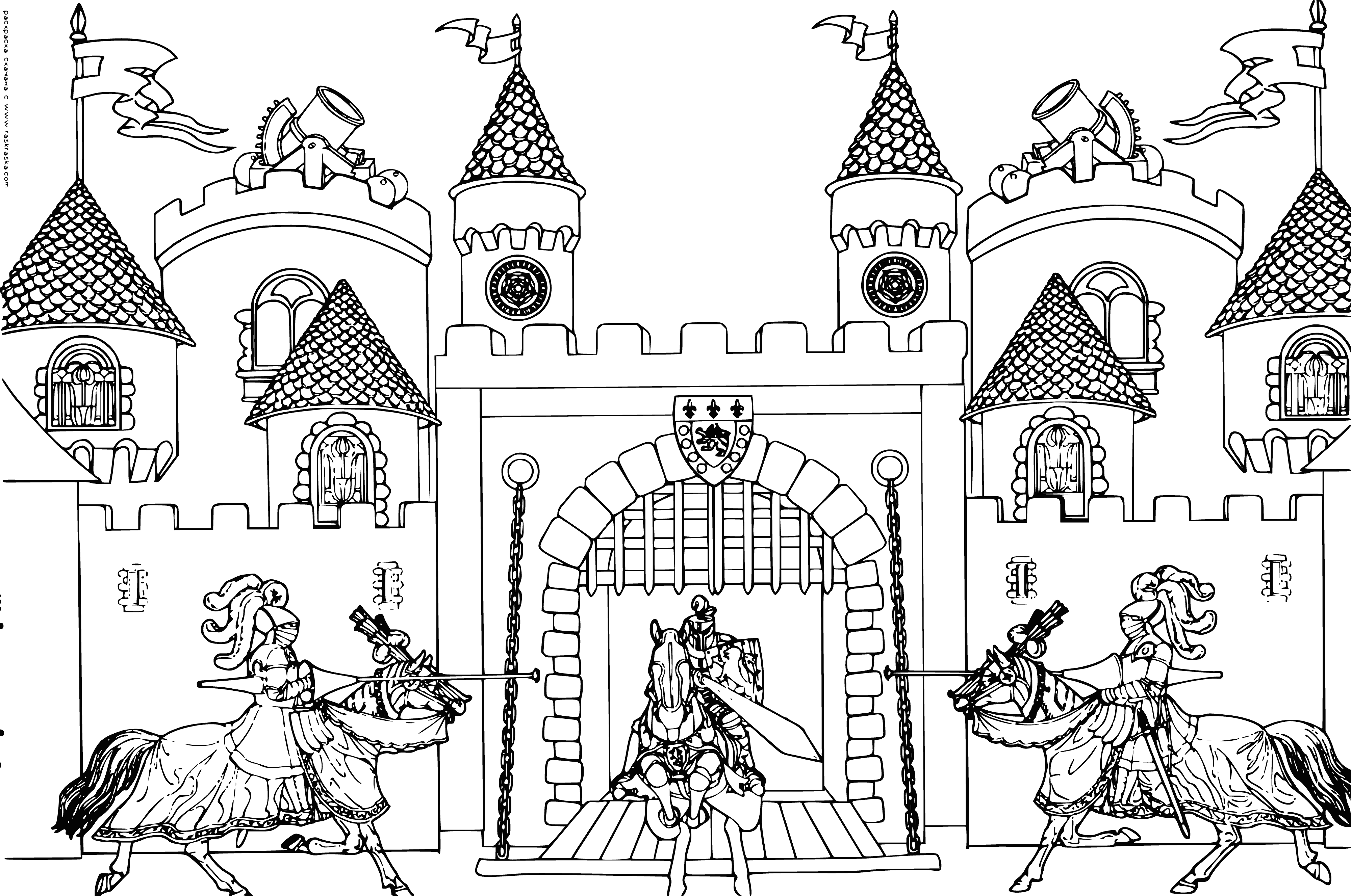 coloring page: Castle full of prepared warriors, knights, and soldiers; huge with many towers; surrounded by a moat.