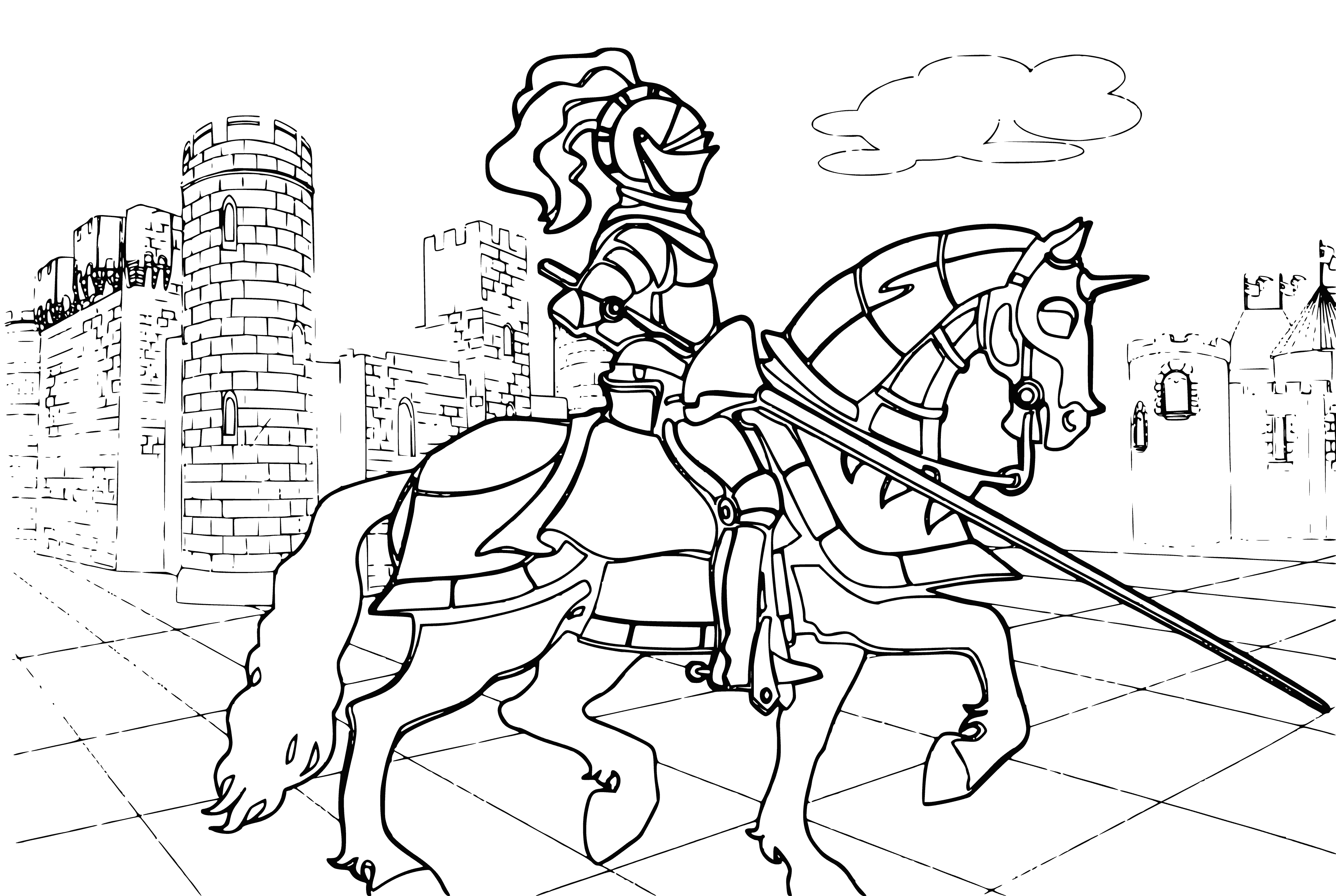 coloring page: Warriors charging towards viewer on horseback in shining armor, wielding swords. Castle looms in background and blue sky above. Heading forward in glorious battle! #medieval #castle #warriors
