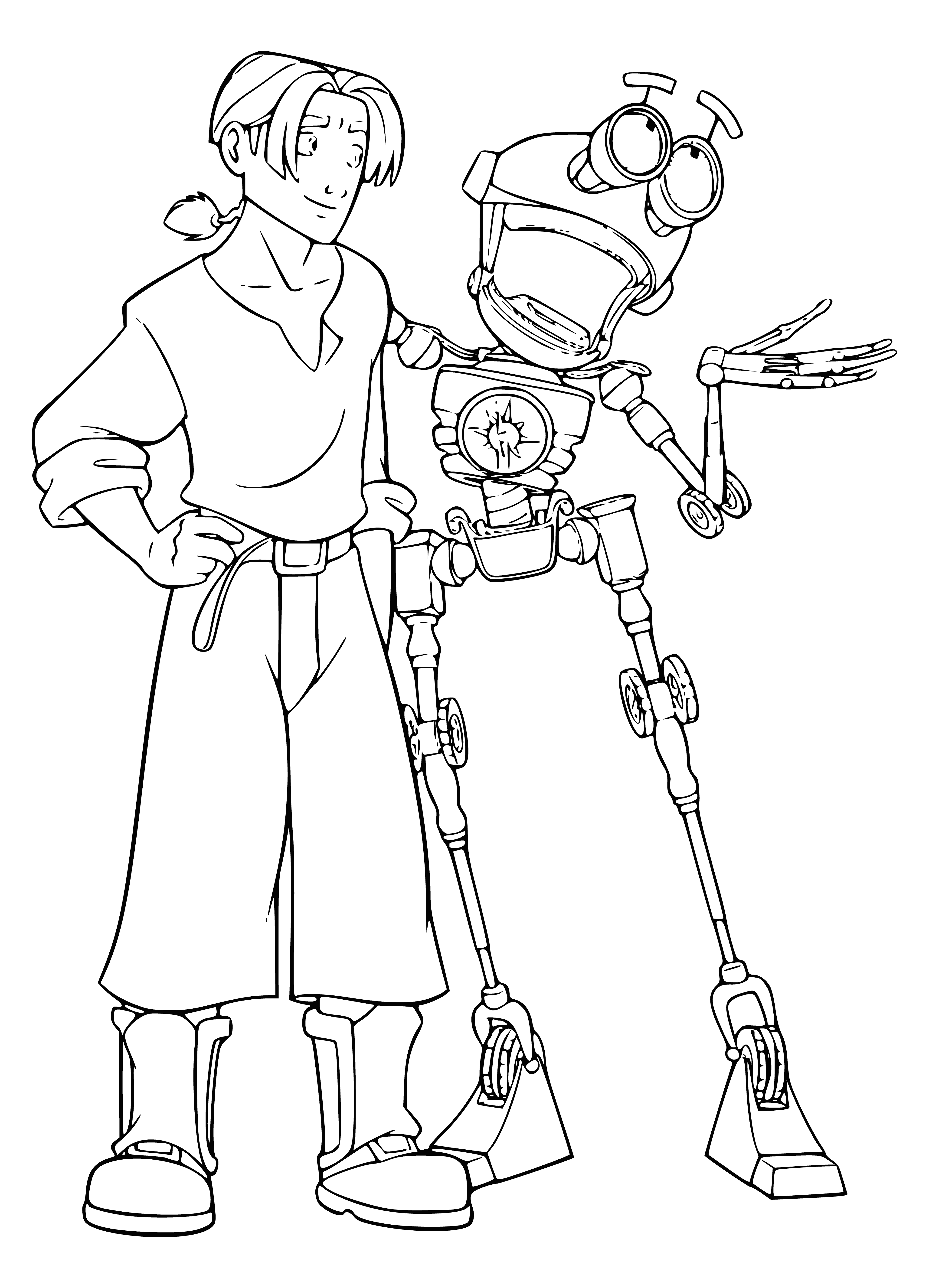 coloring page: Jim & Dr. Delbert look surprised next to a big map of Treasure Planet, holding a sphere.