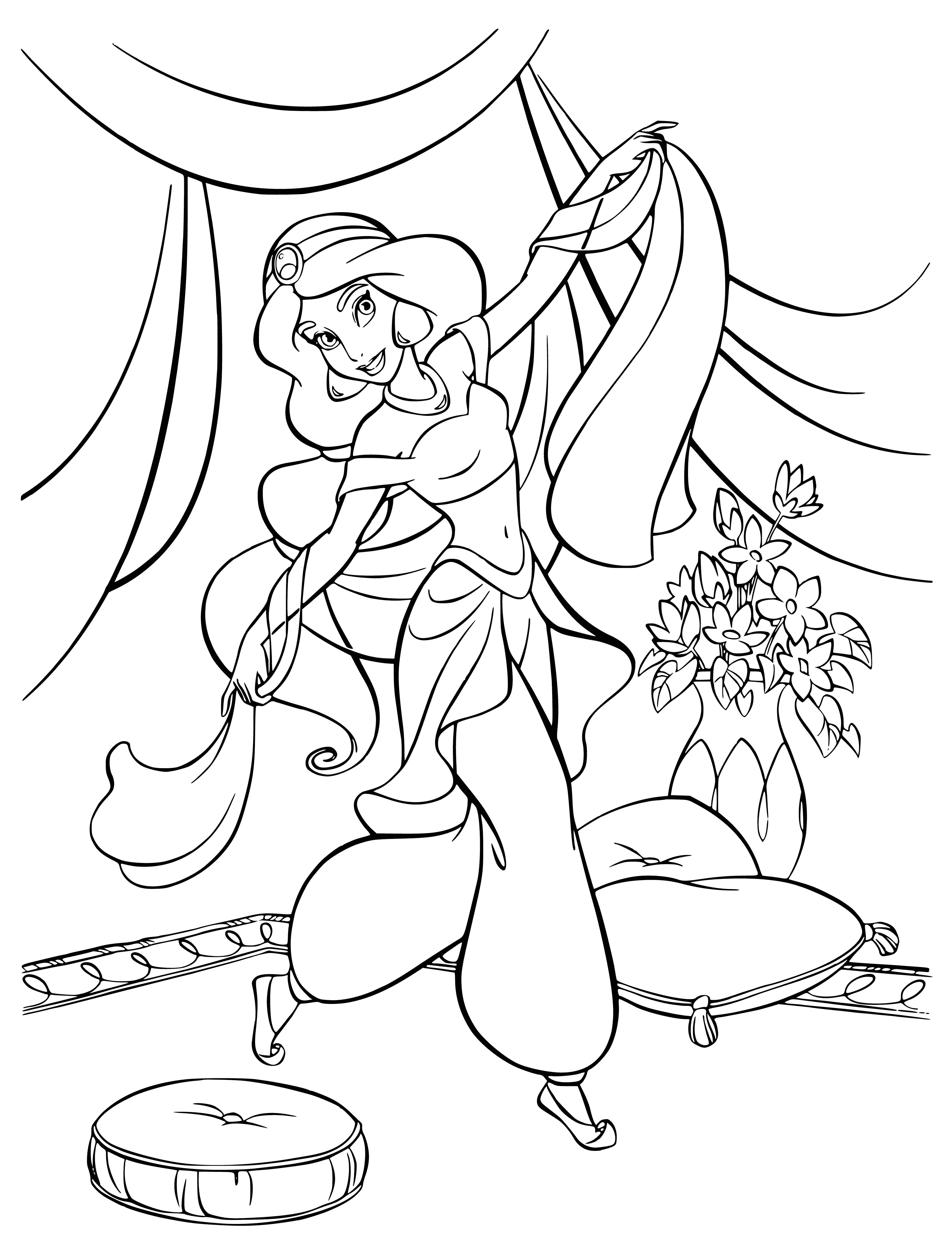 coloring page: Jasmine stands in a blue and gold outfit, with her hair in a bun, looking out a large window at the city.