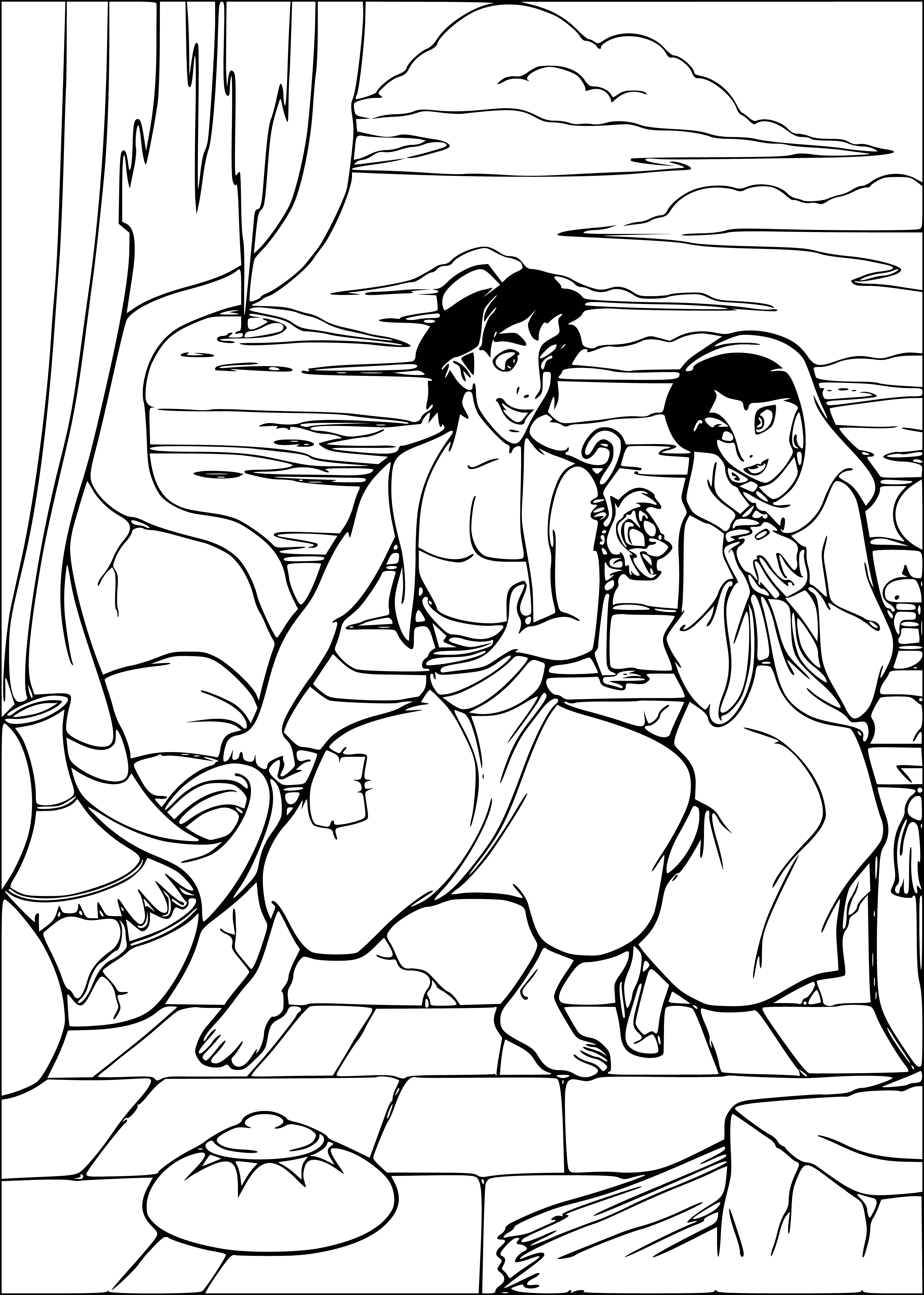 coloring page: Aladdin & Jasmine take a romantic ride on a flying carpet, leaning in to share a kiss.