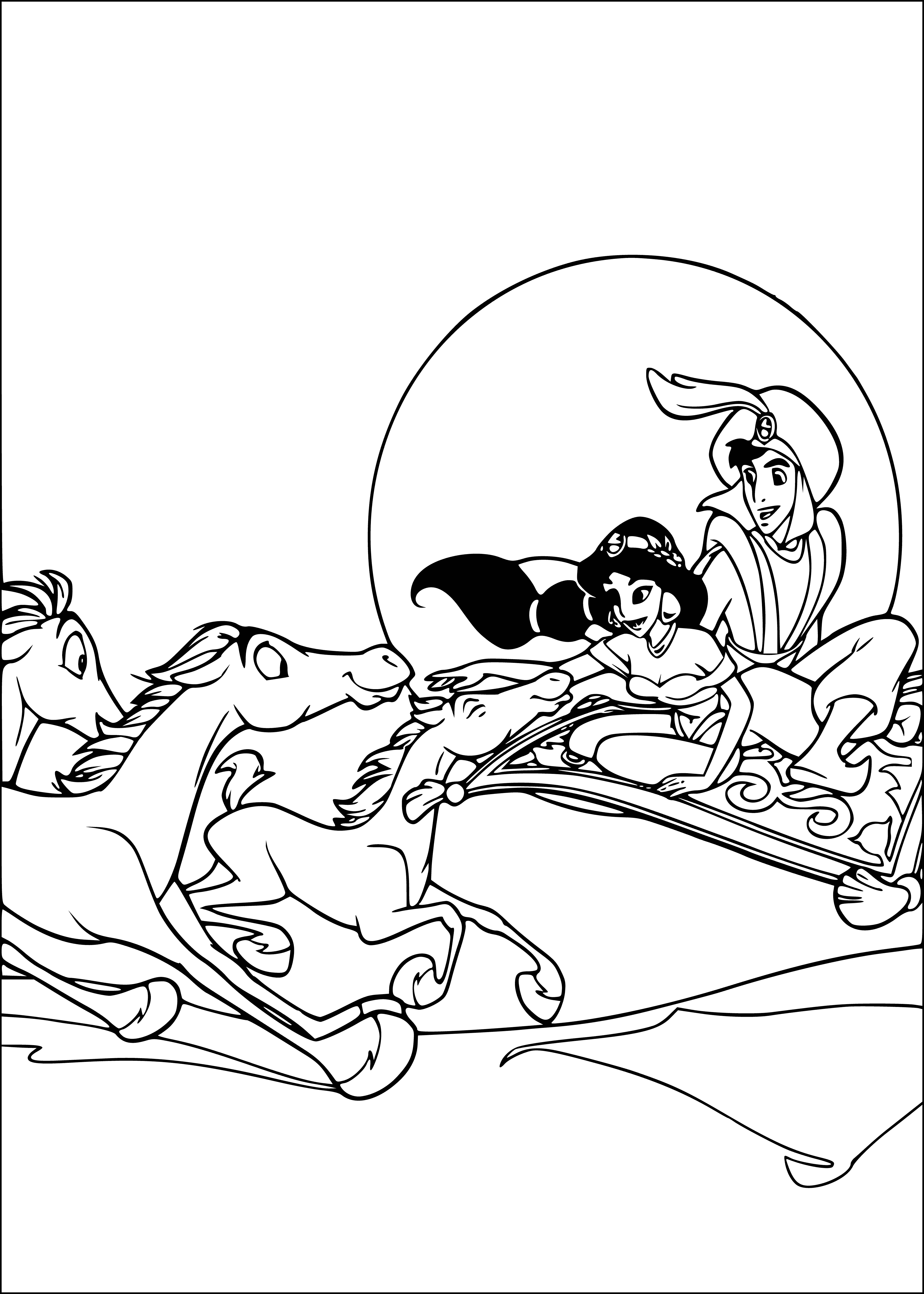 coloring page: Man on a flying carpet in the desert with birds and a large moon in the sky.