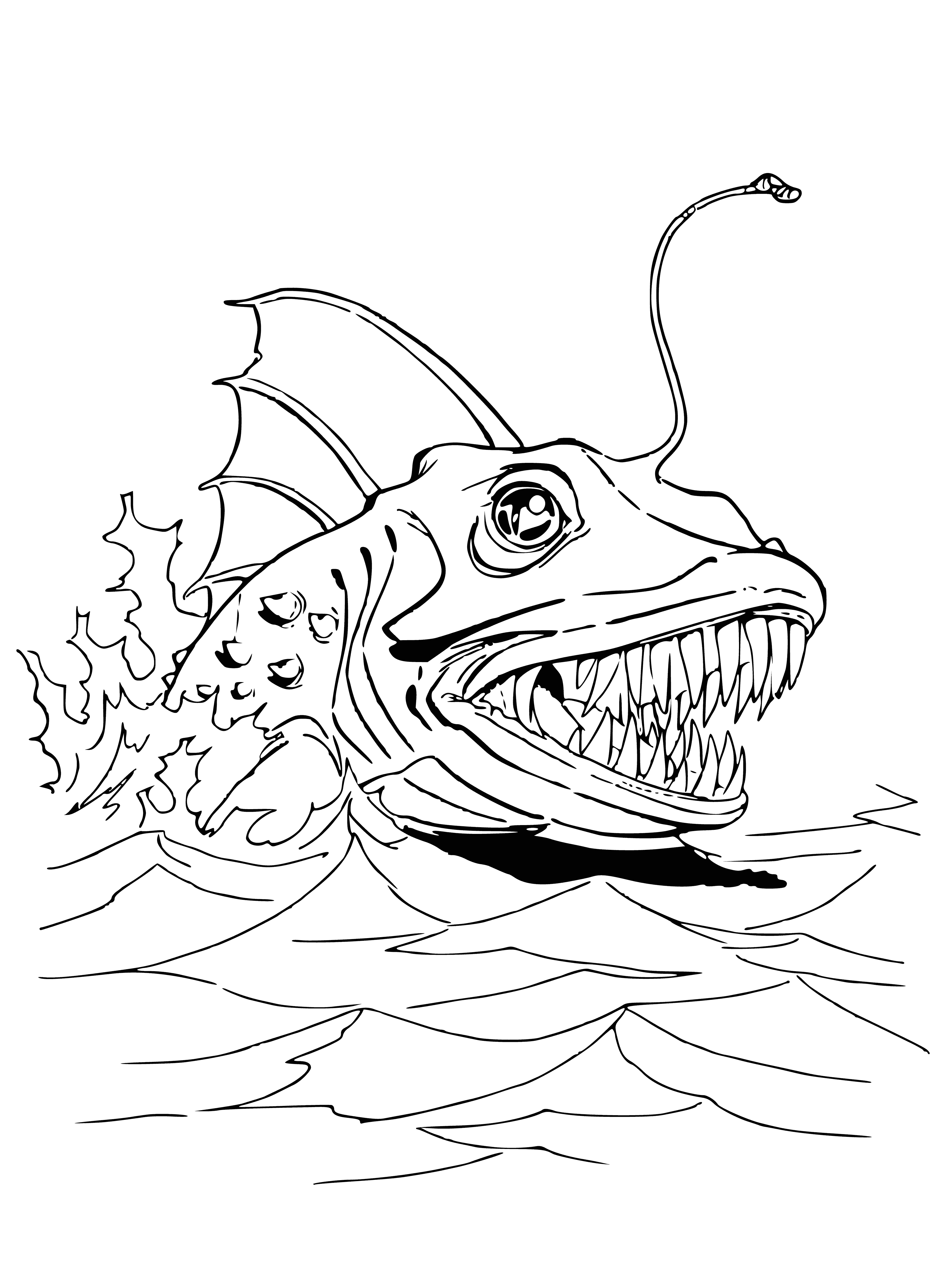 coloring page: Giant sea monster with tentacles, open maw, beady eyes & long body swims in a dark, murky ocean while smaller fish flee in terror.