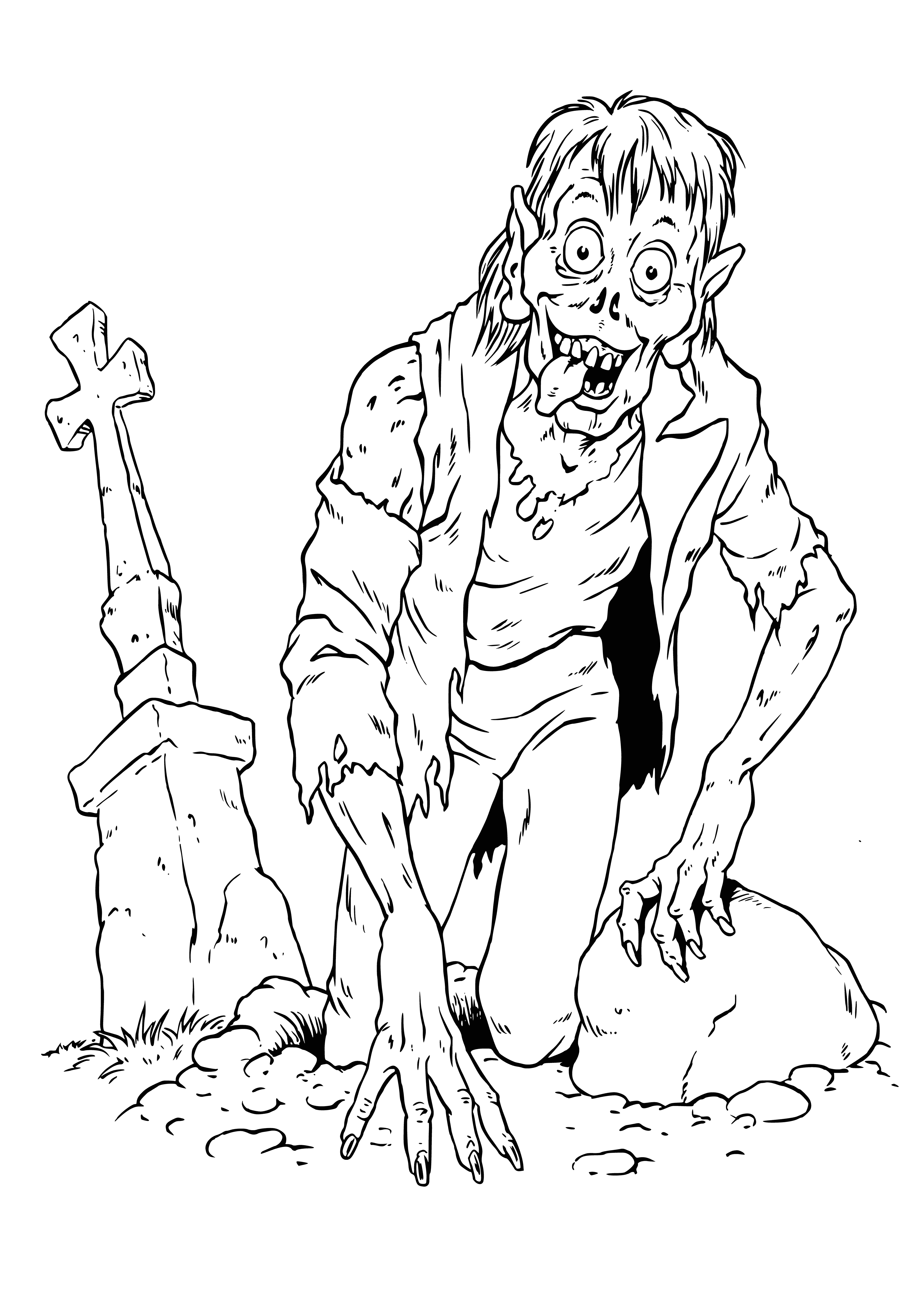 coloring page: Zombies are undead corpses seeking human flesh, usually portrayed as monsters and villains in coloring pages.