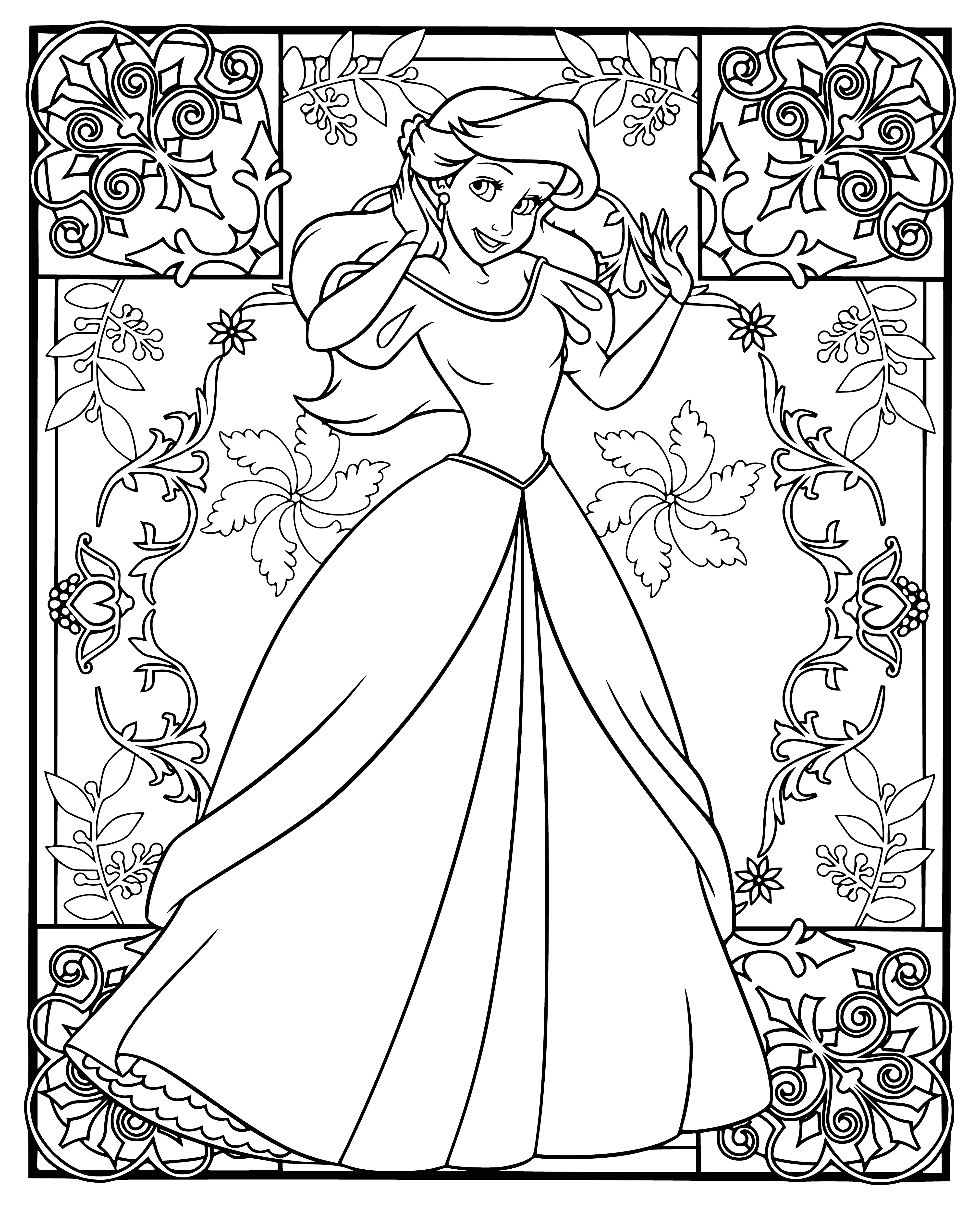 coloring page: A beautiful woman with long, red hair stands by a blue ocean, holding a seashell & ready to throw it. A white dress with blue overlay & ribbon in her hair completes the coloring page.