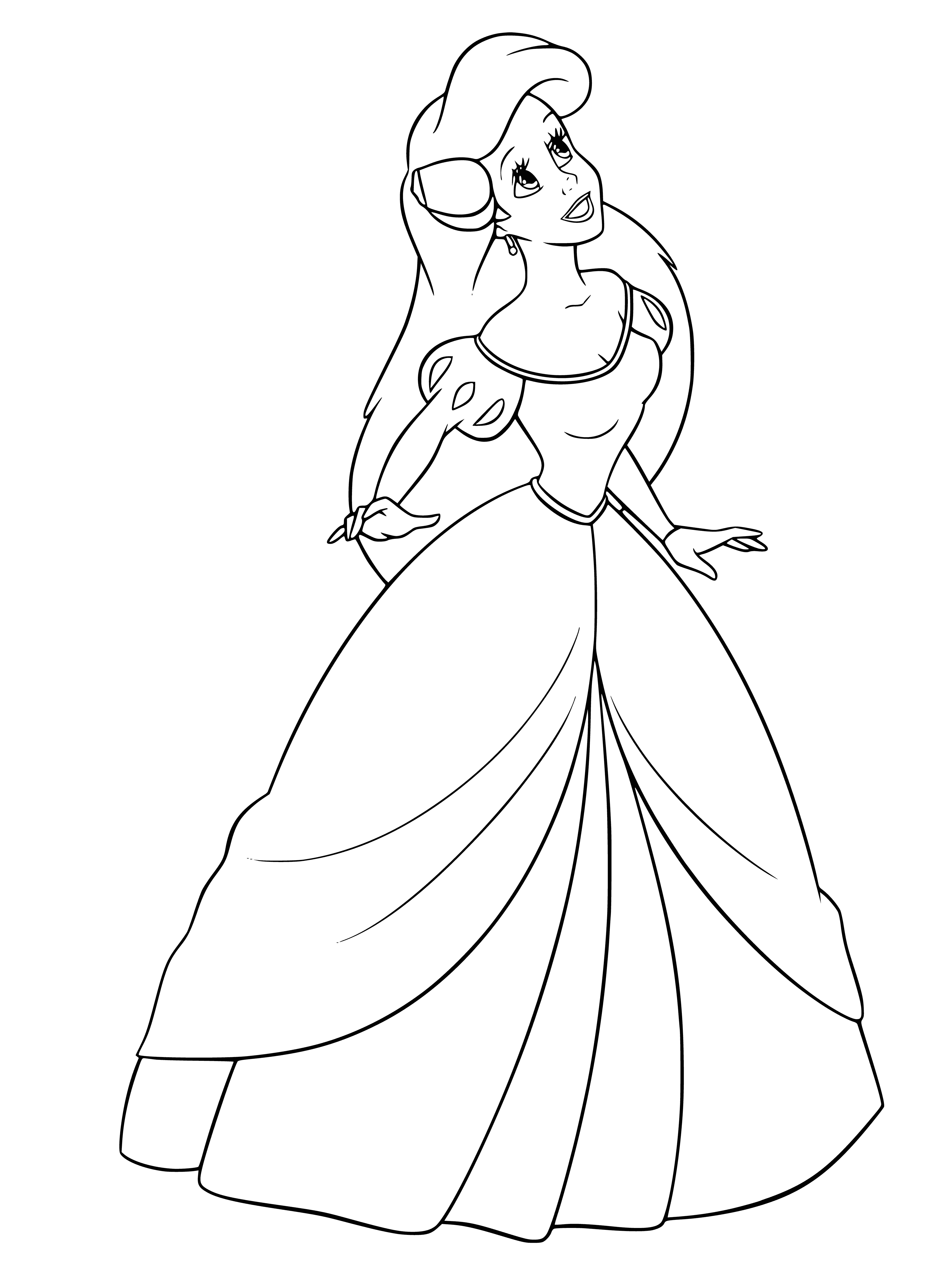 coloring page: Ariel, the Little Mermaid, lives under the sea with long red hair, blue and green tail, and a pink conch shell.