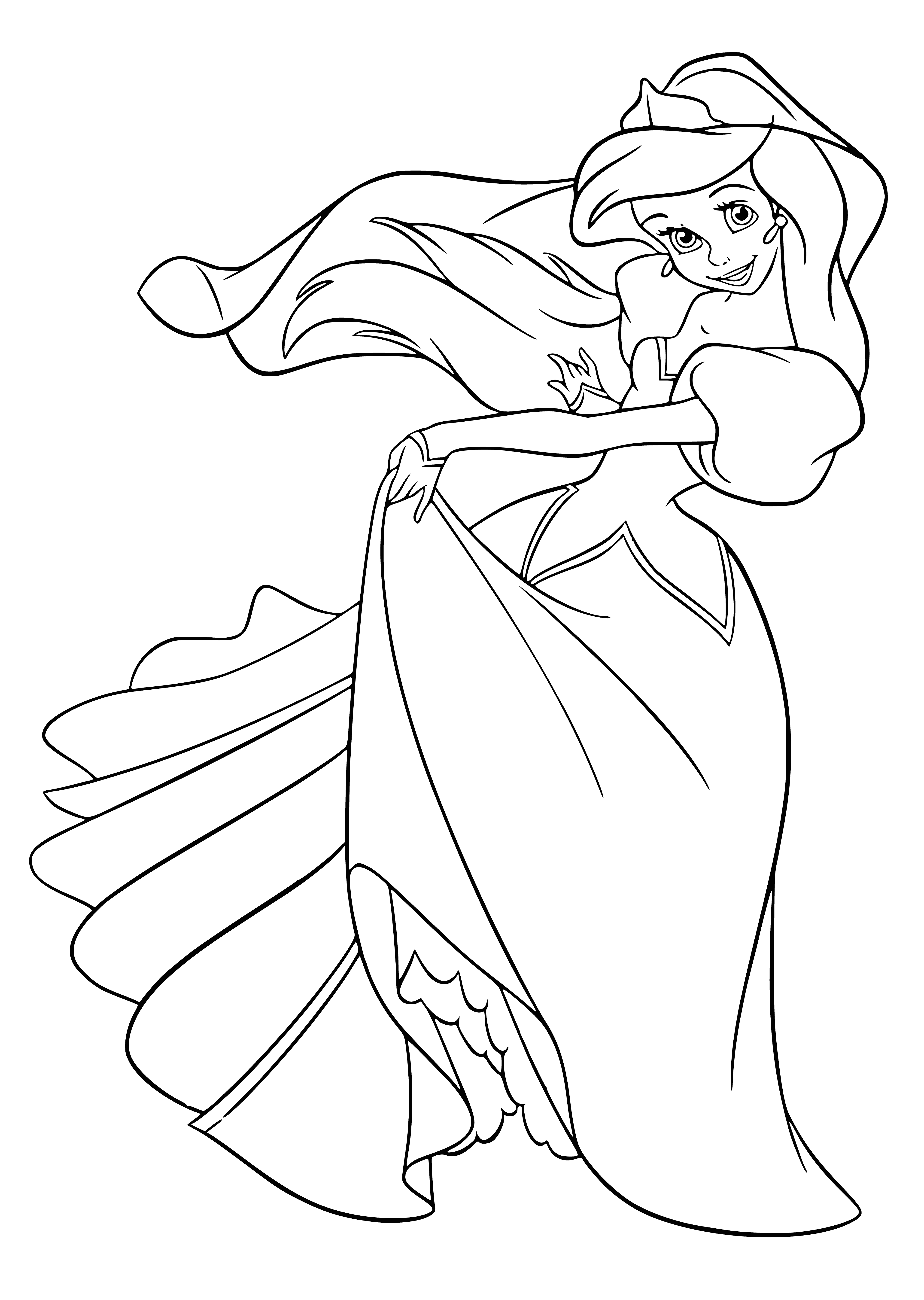 coloring page: Ariel dances on a rock, wearing a pink & purple dress with white underskirt, her red hair blowing in the wind. Behind her, a school of fish swims.