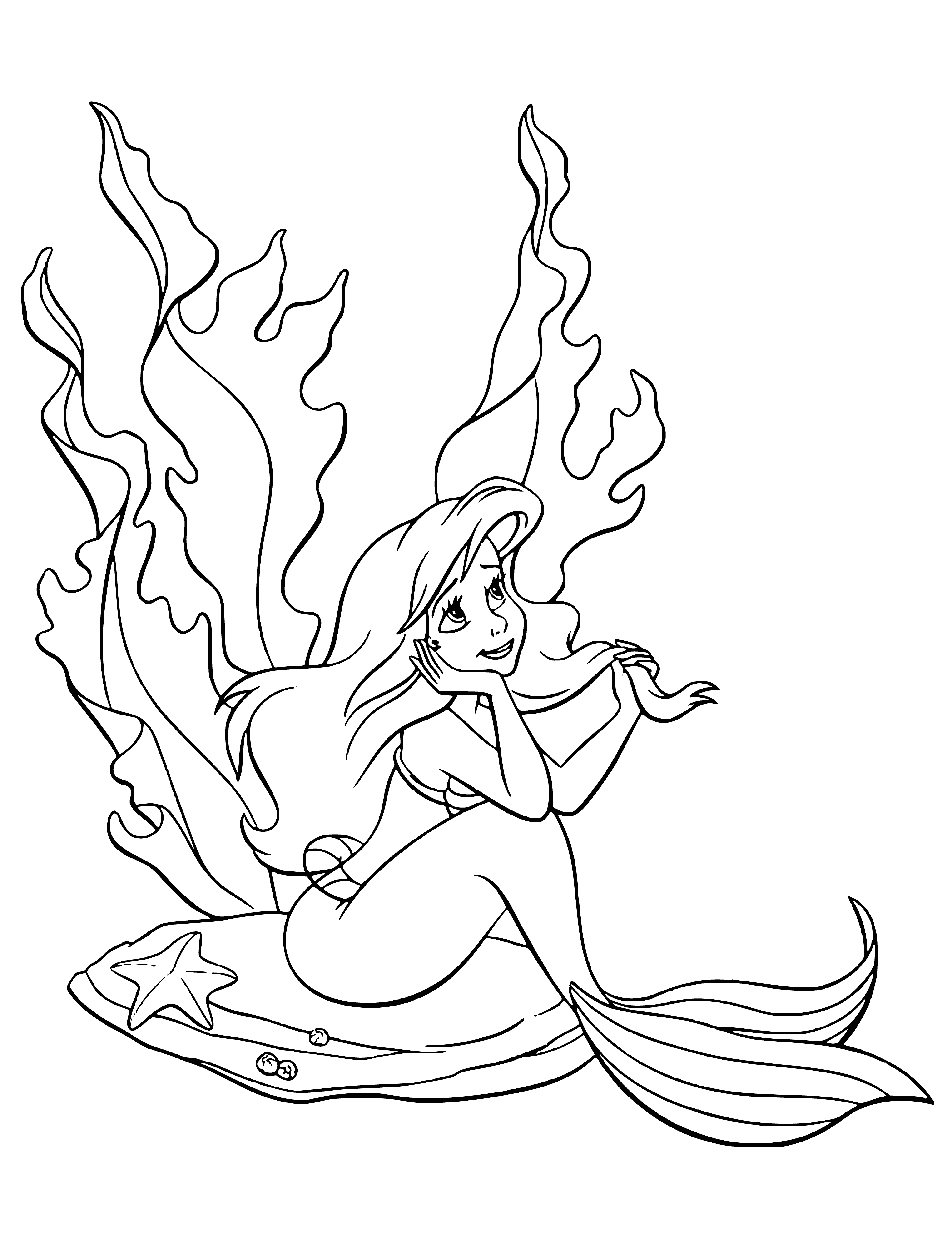 coloring page: A small mermaid sits sadly on a rock in the ocean, arms wrapped around her legs.
