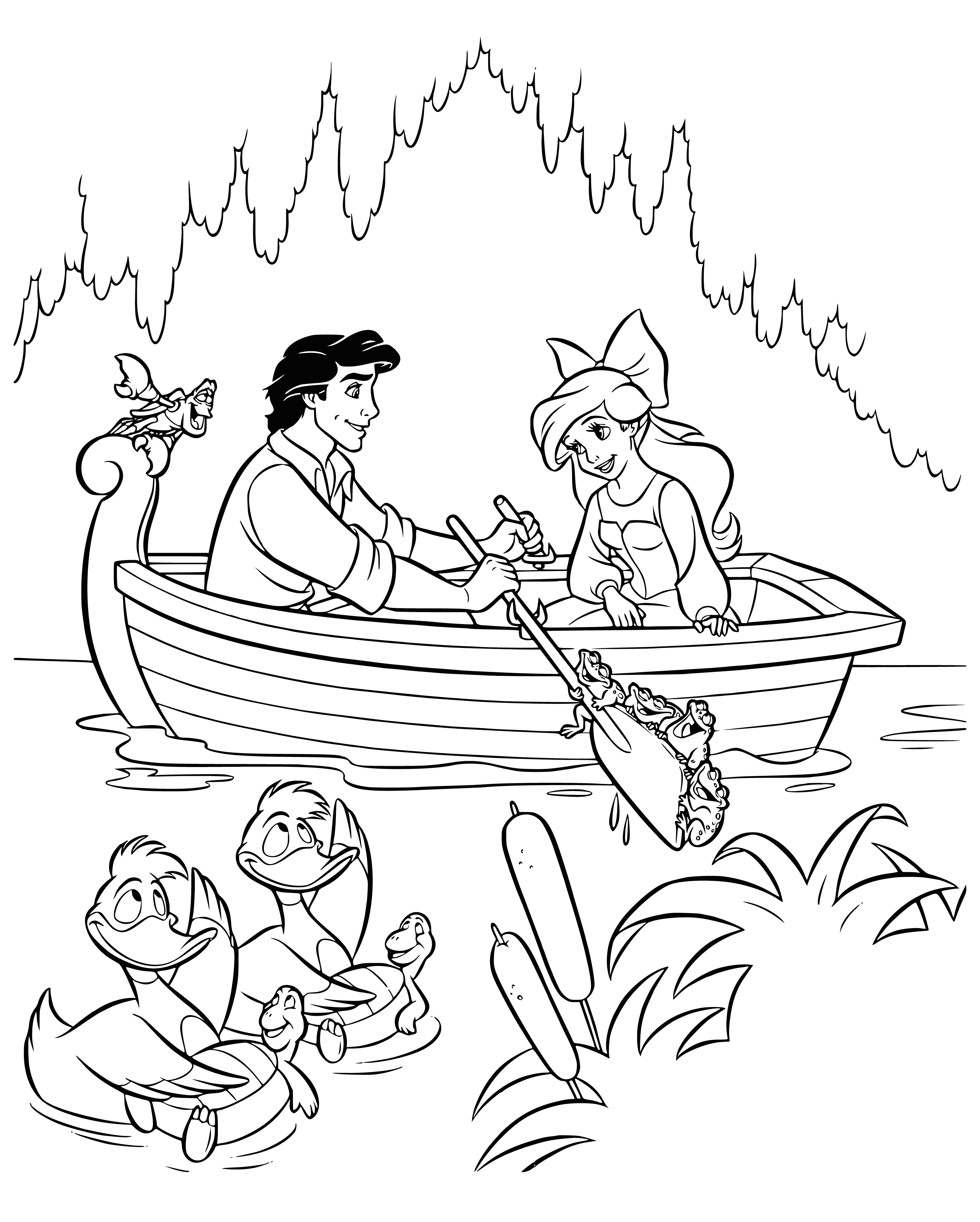 coloring page: The little mermaid and prince embrace, smiling happily as they sail away.