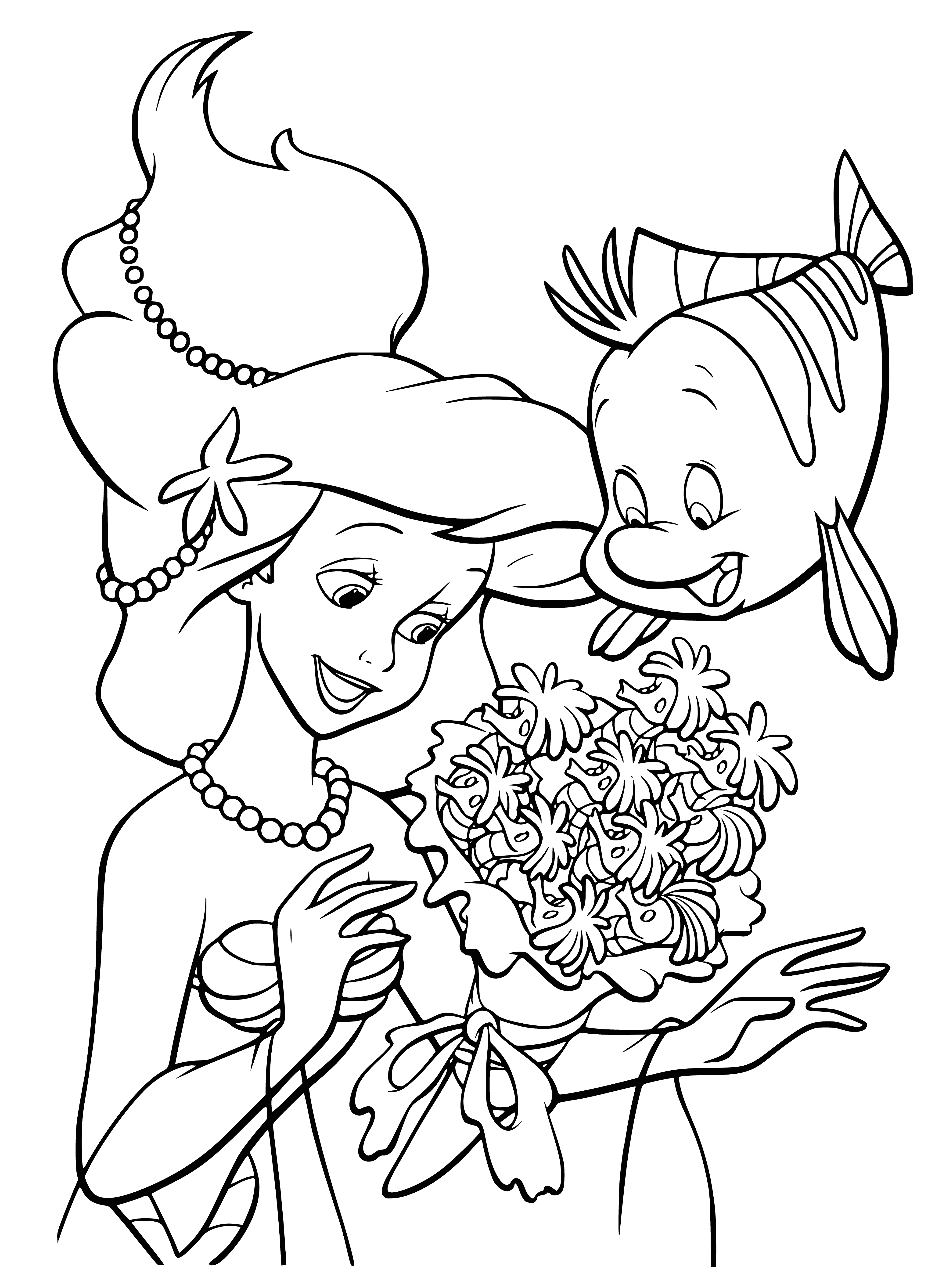 coloring page: Girl with red hair stands in a field of flowers with a blue fish, wearing a blue dress with white accents.