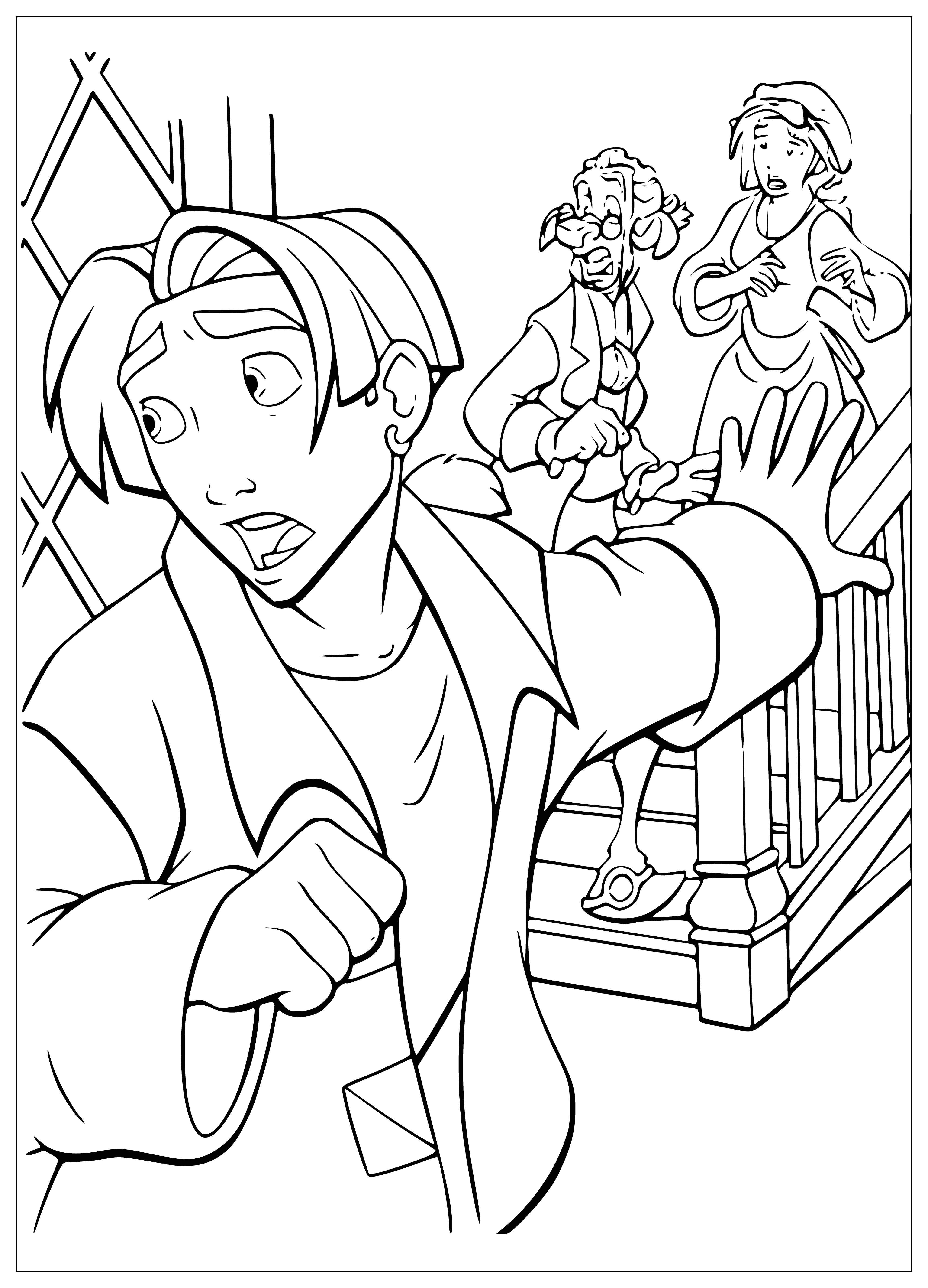 coloring page: 3 people in command ctr, 4 people in spacecraft, they look out windows. Planet in background.
