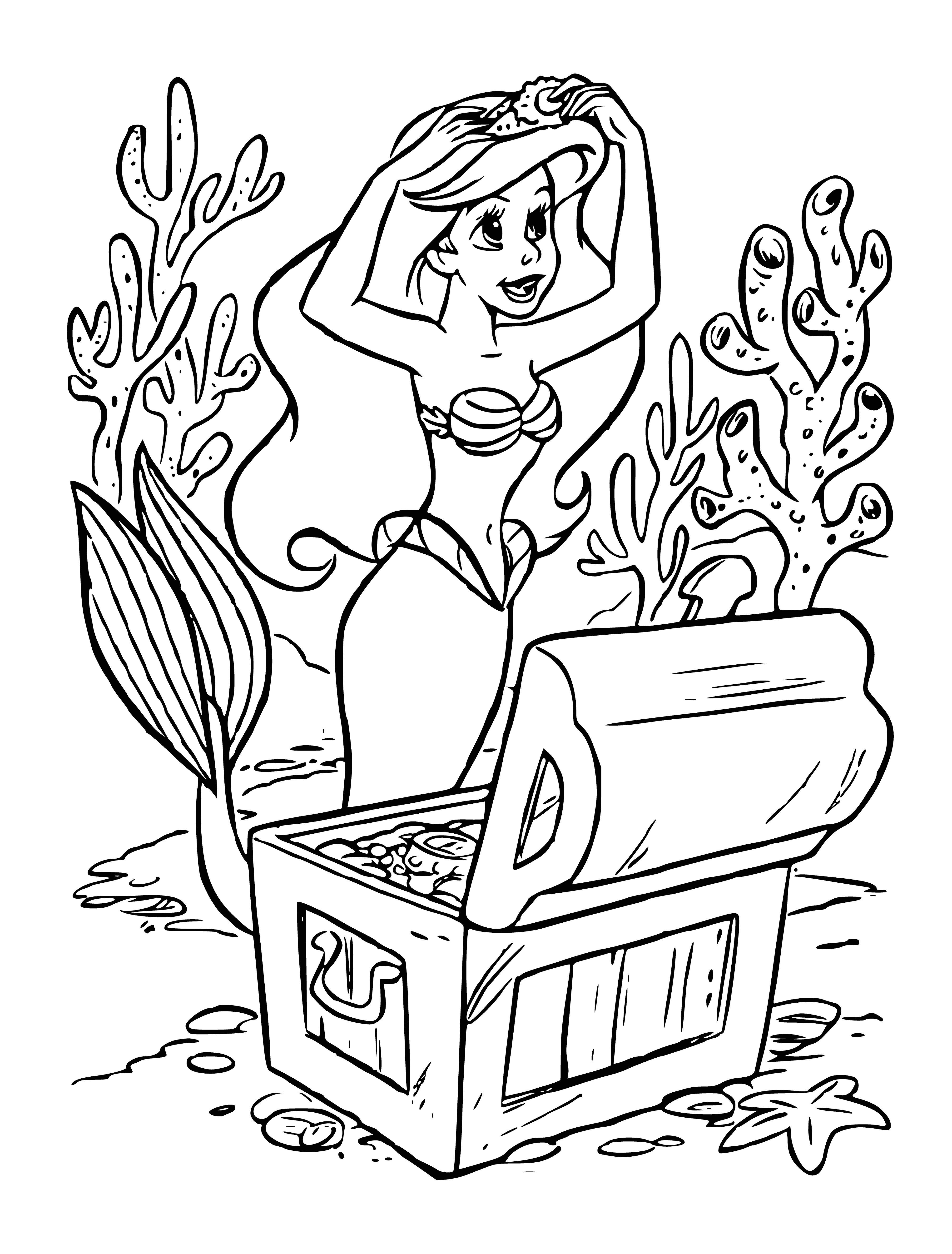 coloring page: Mermaid surrounded by treasure trove of jewels, seashells looks content and happy.