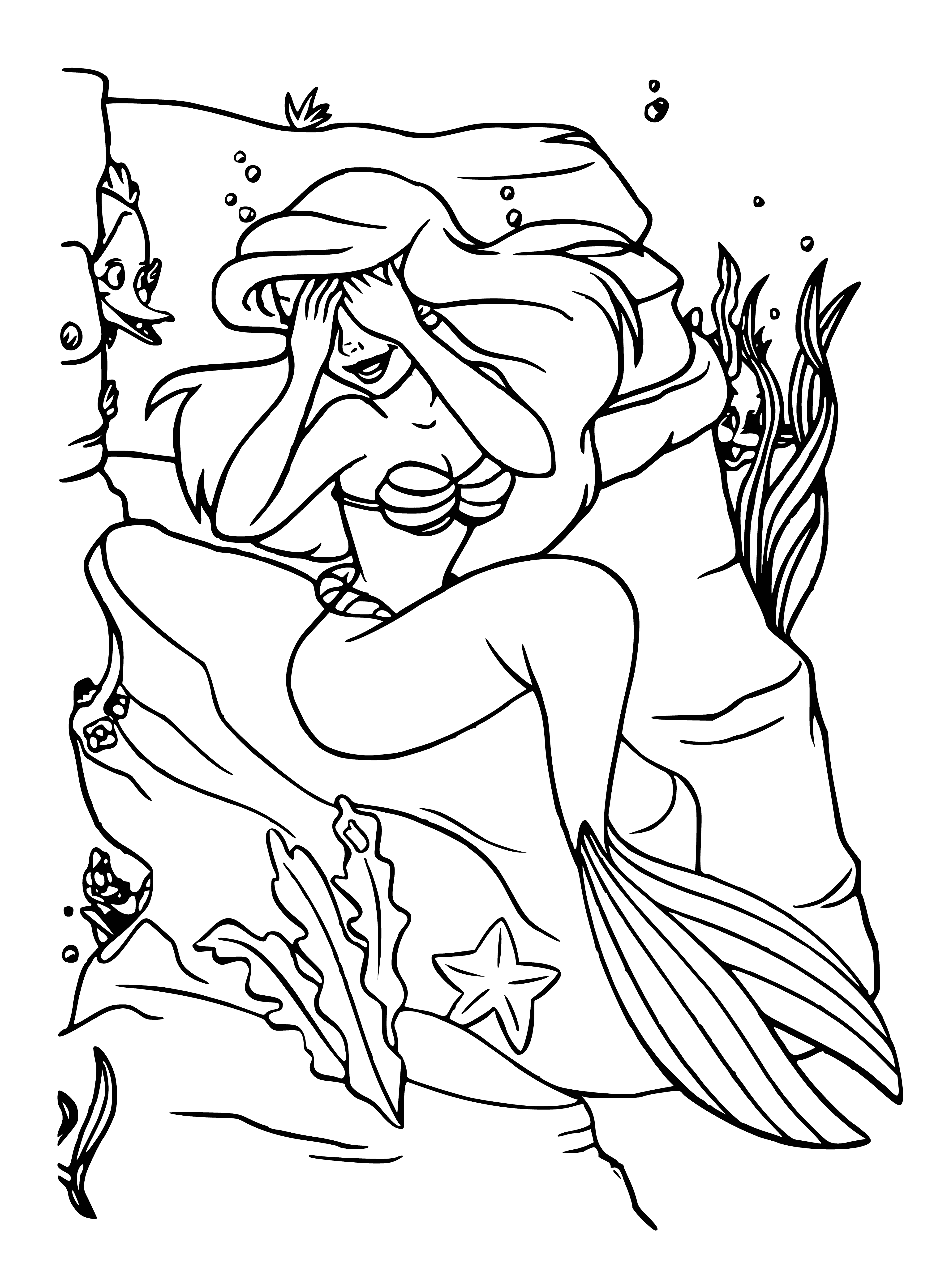 coloring page: A little mermaid plays peekaboo with a pink octopus. She wears a green seaweed skirt & purple seashell bra and has a blue fish tail.