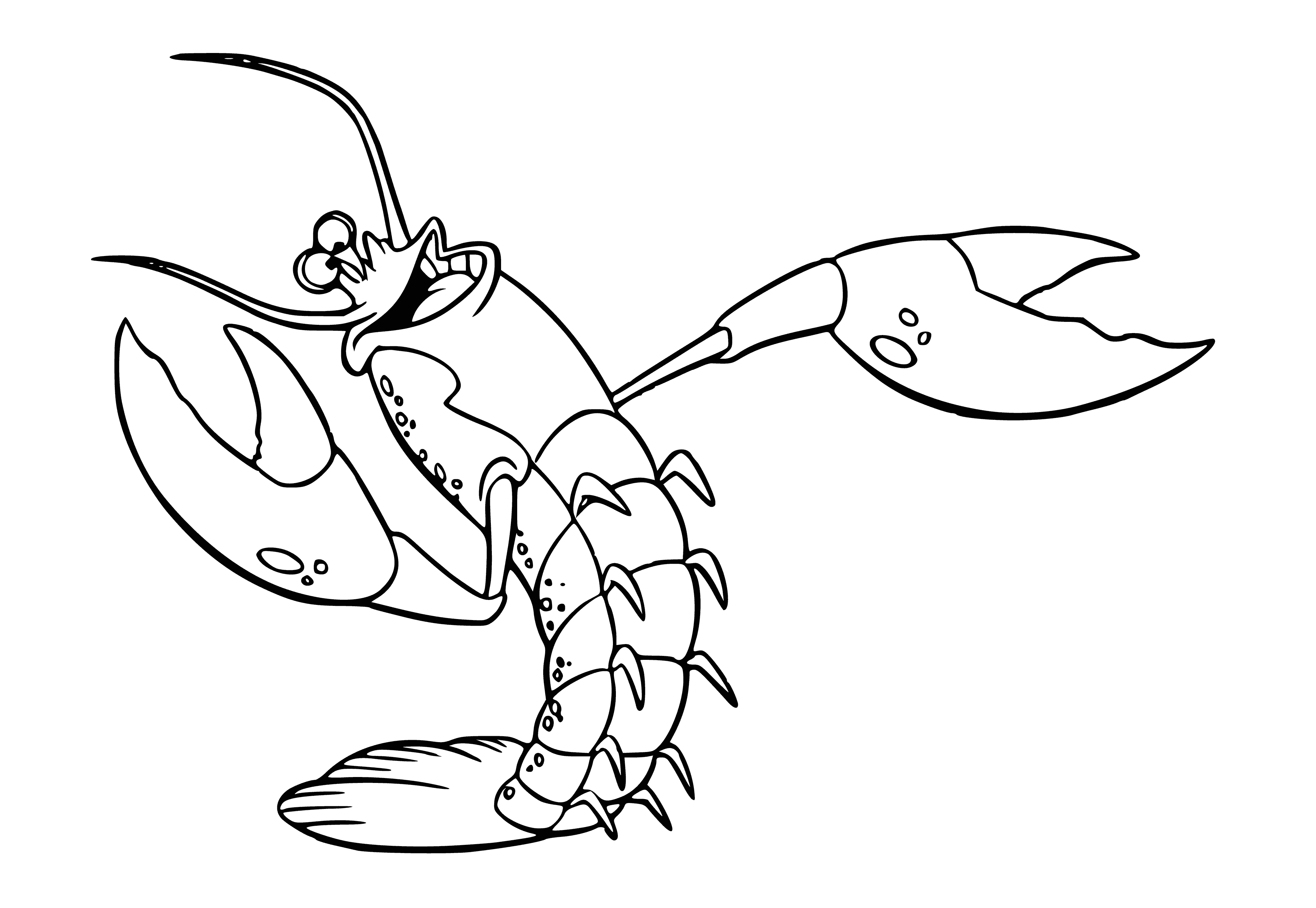 coloring page: Mermaid shrimp with blue tail, purple top & blonde curls sings into mic with pink lips & white teeth.