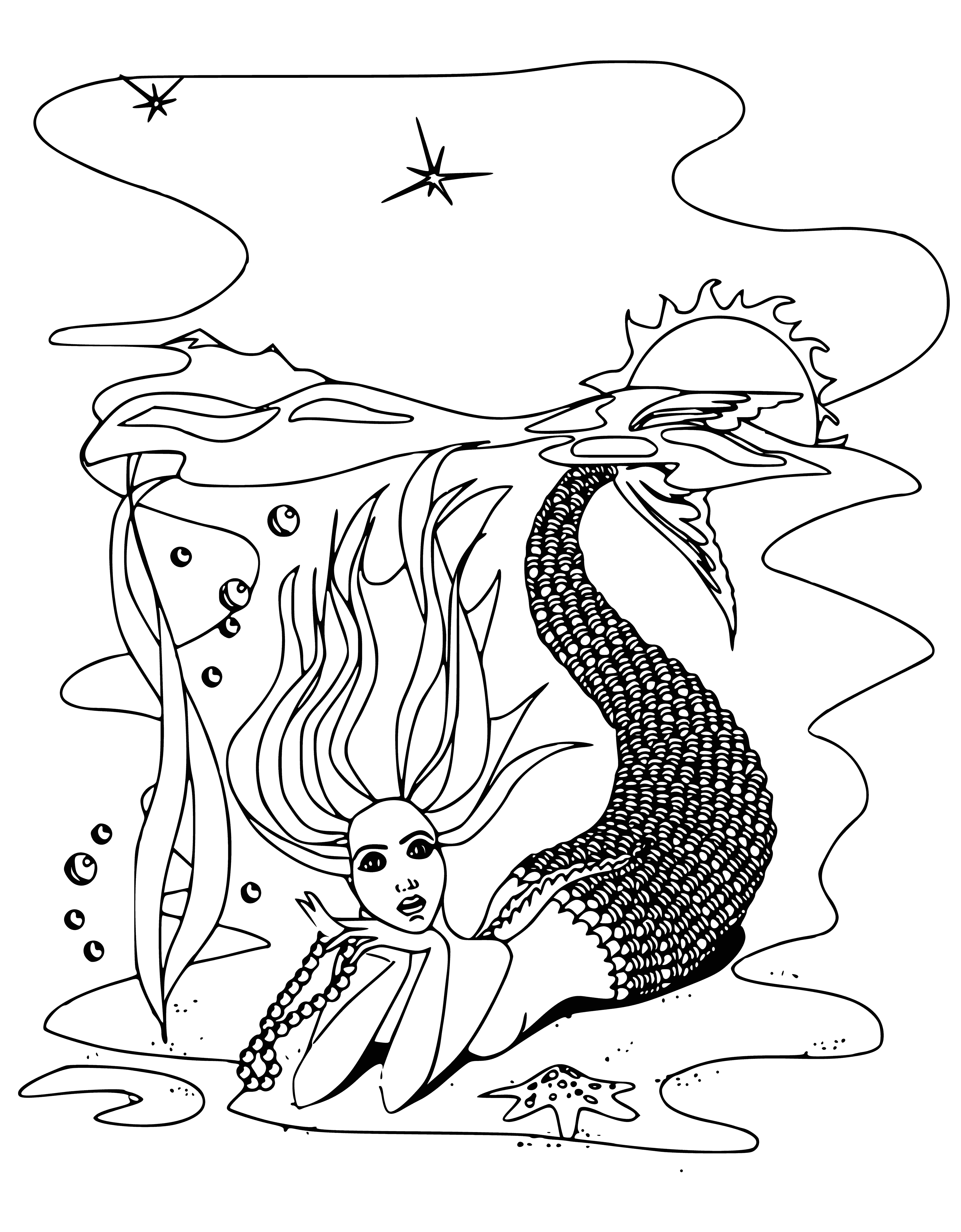 coloring page: Mermaid swims in water, long hair, crown, trident in hand.